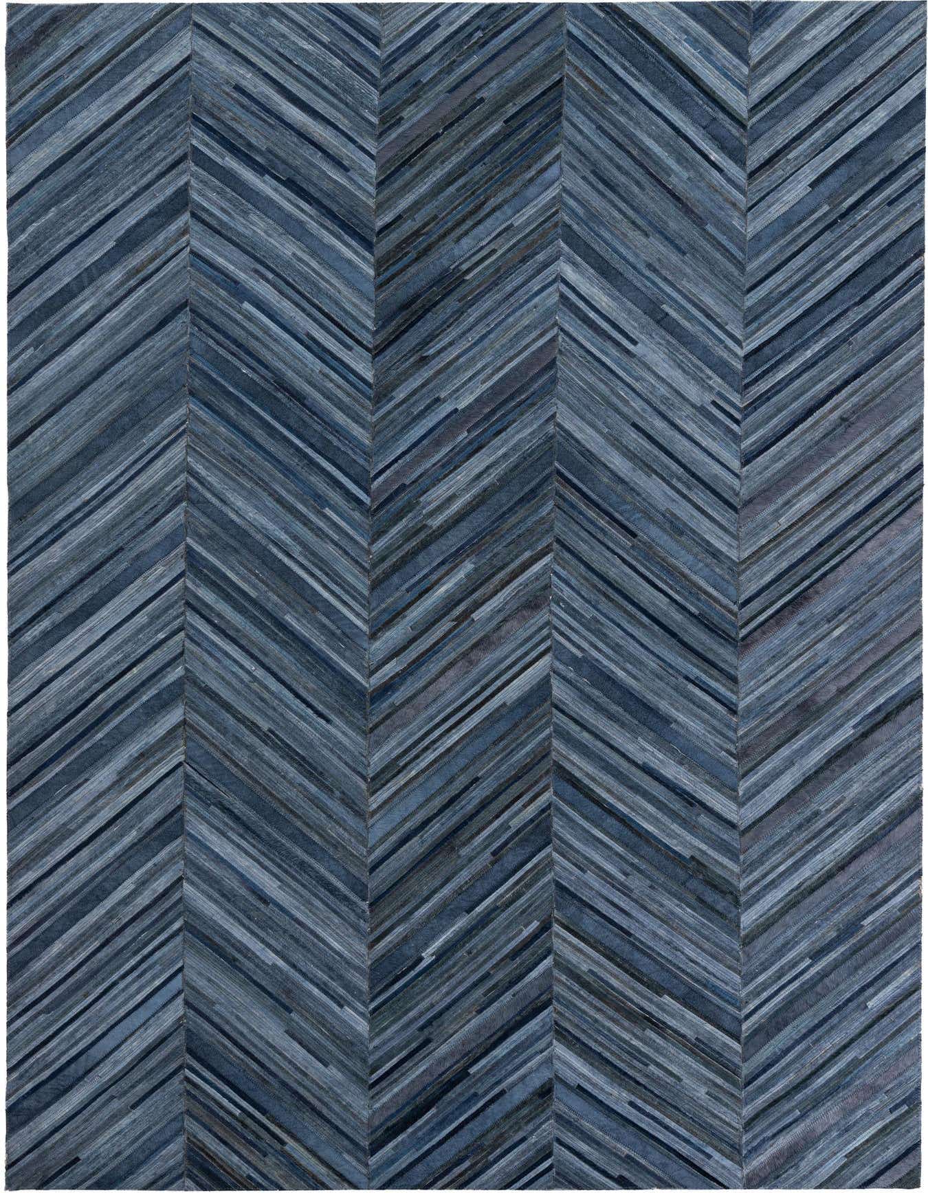A 5x8 rectangular Cowhide Leather rug featuring a modern chevron stripe pattern in varying shades of gray and silver.