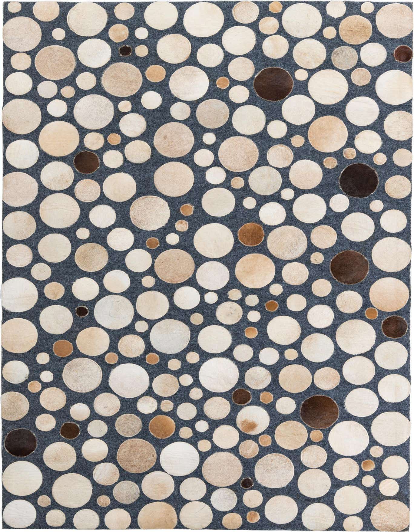 A 5x8 rectangular Cowhide Leather rug featuring an abstract modern pattern of various sized light and dark brown cowhide circles on a gray background.
