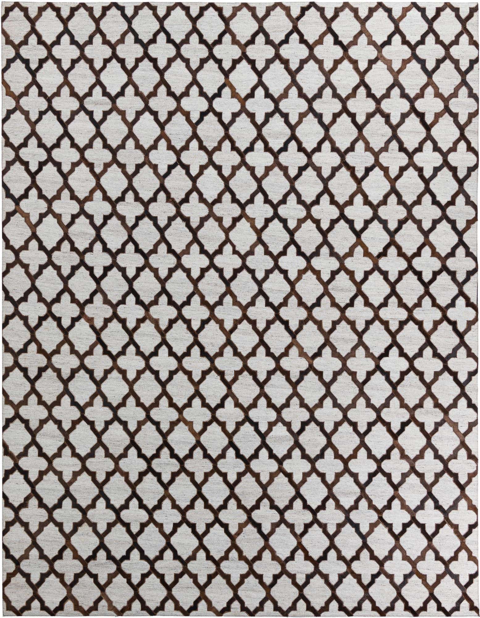 An 8x10 rectangular Cowhide Leather rug featuring a modern abstract pattern of gray quatrefoil shapes on a light gray background.