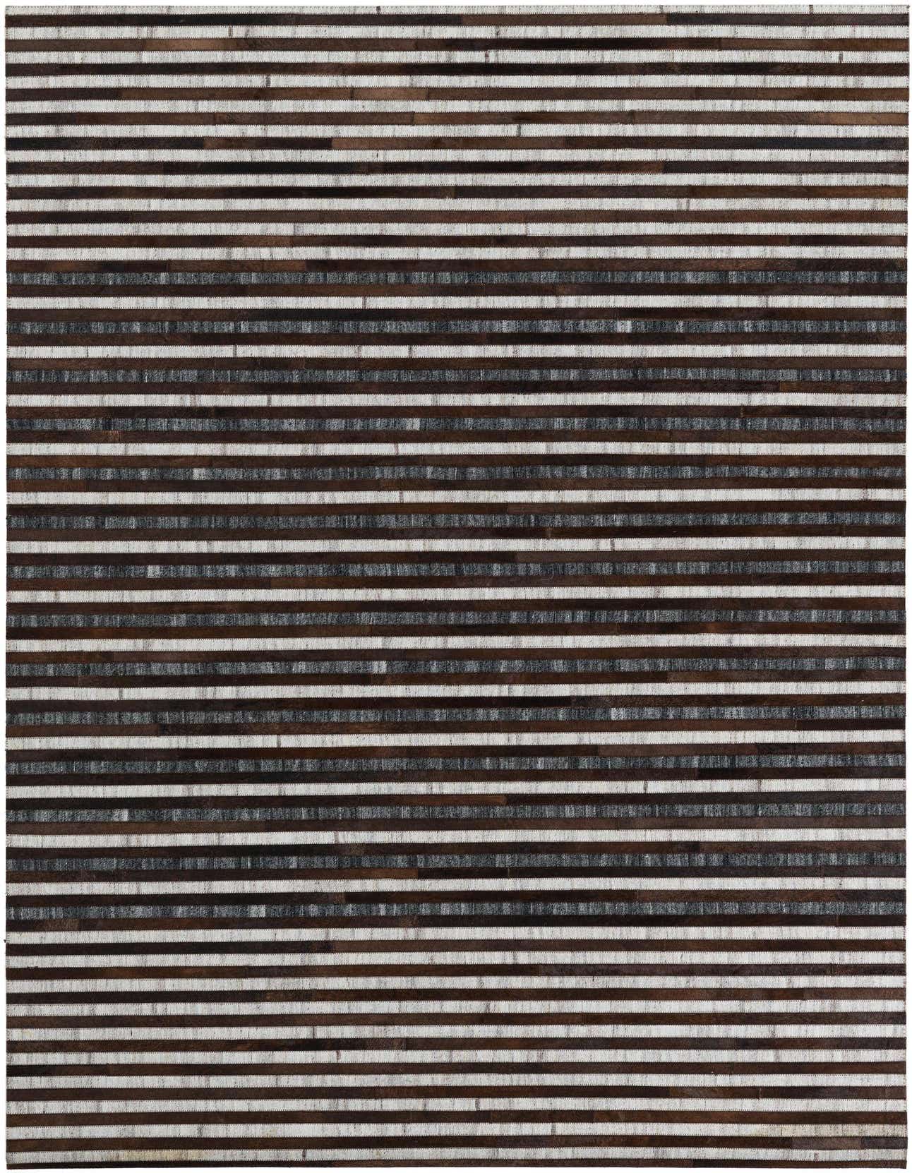 A 5x8 rectangular Cowhide Leather rug featuring modern gray and silver stripes, ideal for a living room.