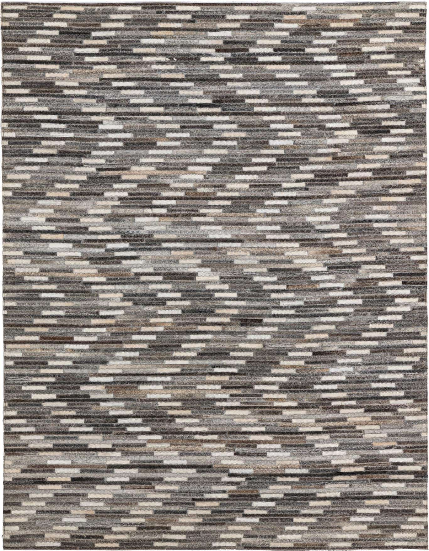 A 4x6 rectangular Cowhide Leather rug featuring a modern stripe pattern in varying shades of gray, silver, and cream.