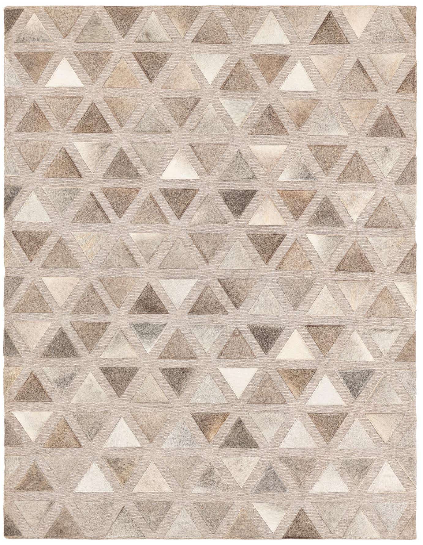 A 4x6 rectangular gray modern rug with a geometric pattern of varying gray and silver cowhide triangles.