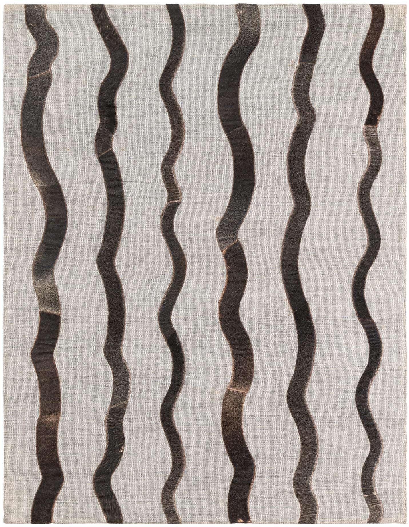 A 4x6 rectangular gray modern rug with wavy dark gray leather stripes running vertically across its surface.