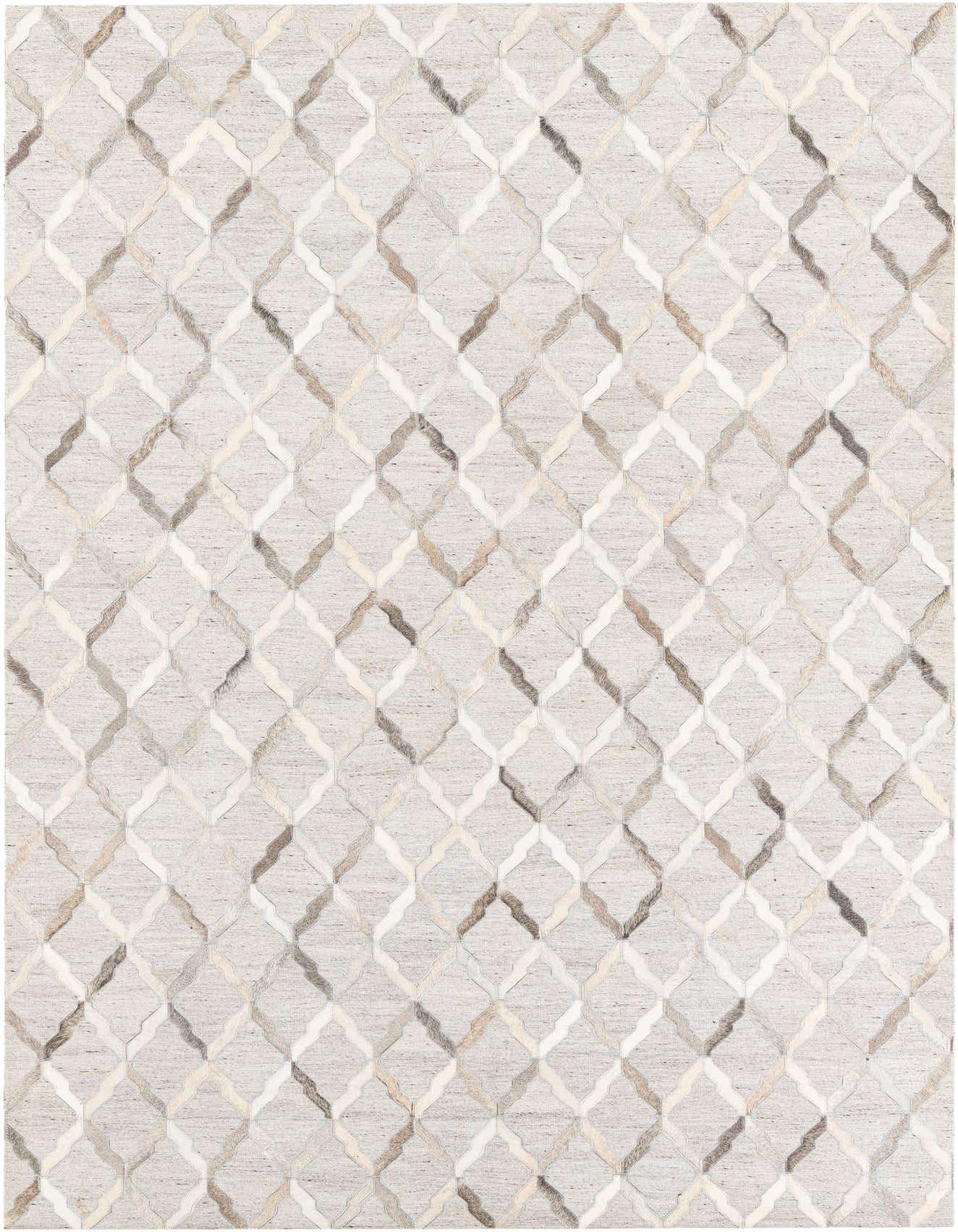 A 5x8 rectangular Cowhide Leather rug featuring a modern abstract trellis pattern in various shades of gray and silver.
