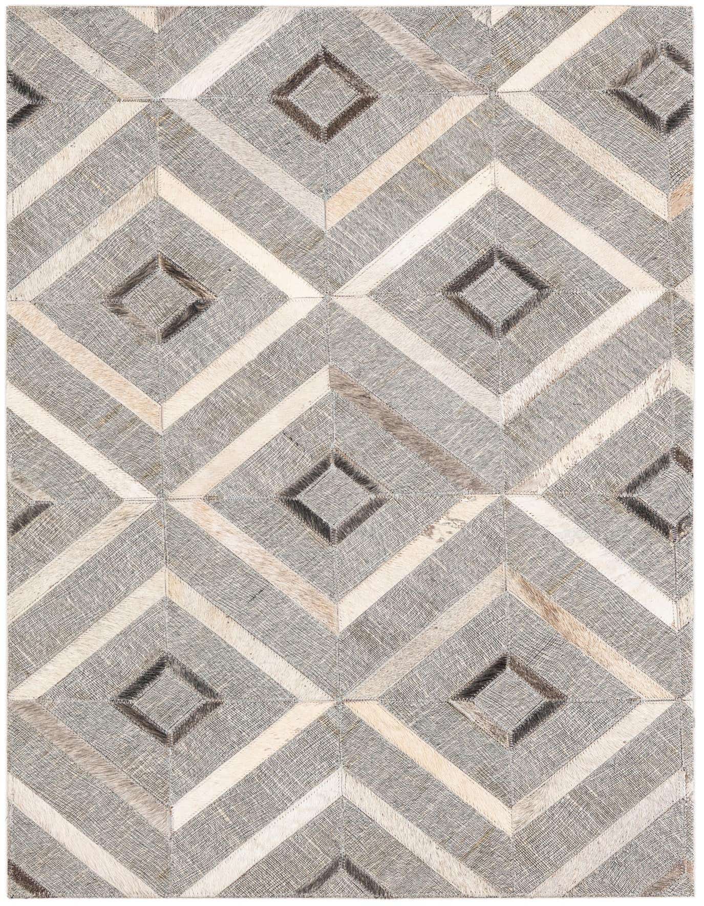 A 2x3 rectangular gray and silver cowhide rug with a modern geometric diamond pattern, ideal for an entryway or kitchen.