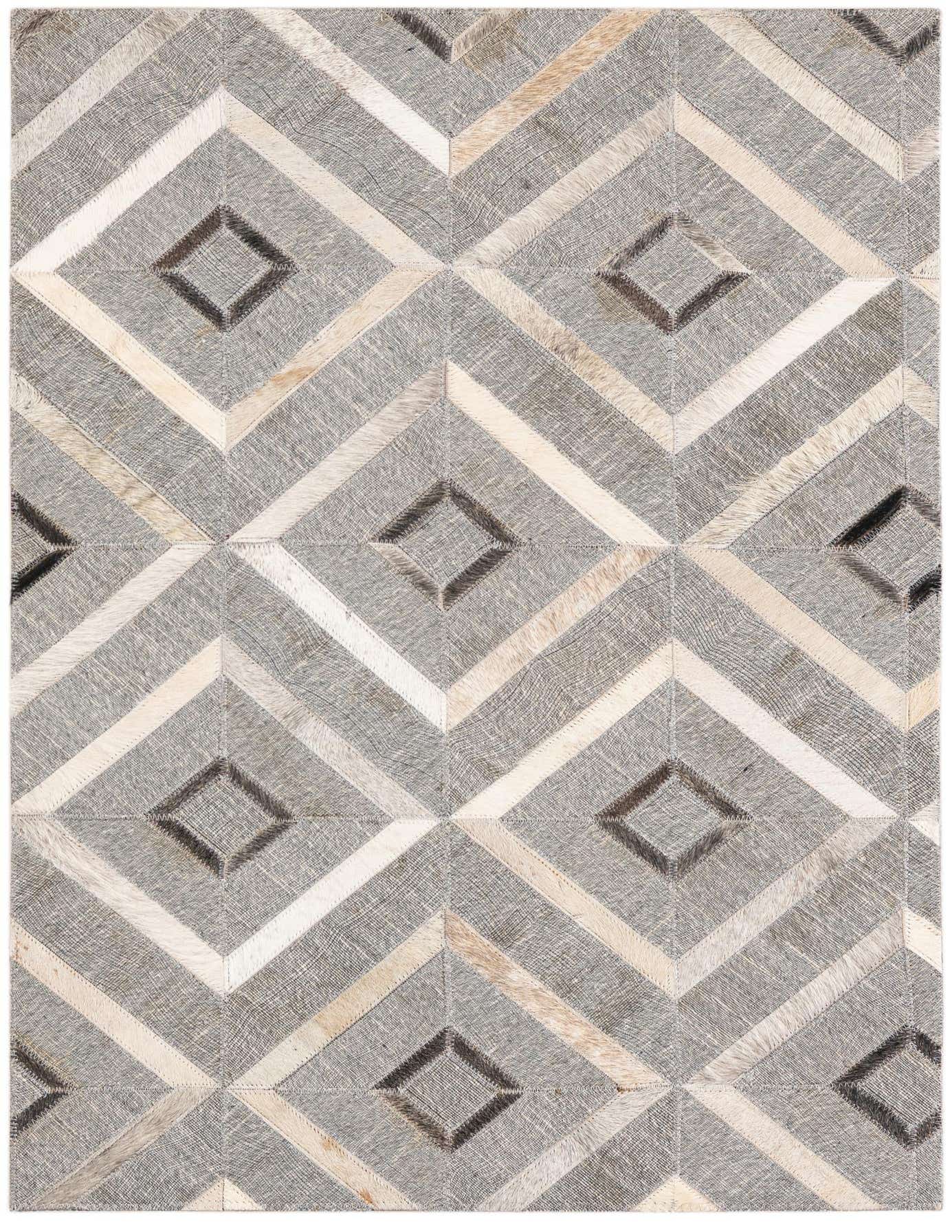 A 2x3 rectangular Cowhide Leather rug featuring a modern geometric pattern of gray, silver, and off-white diamond shapes, ideal for a kitchen or entryway.
