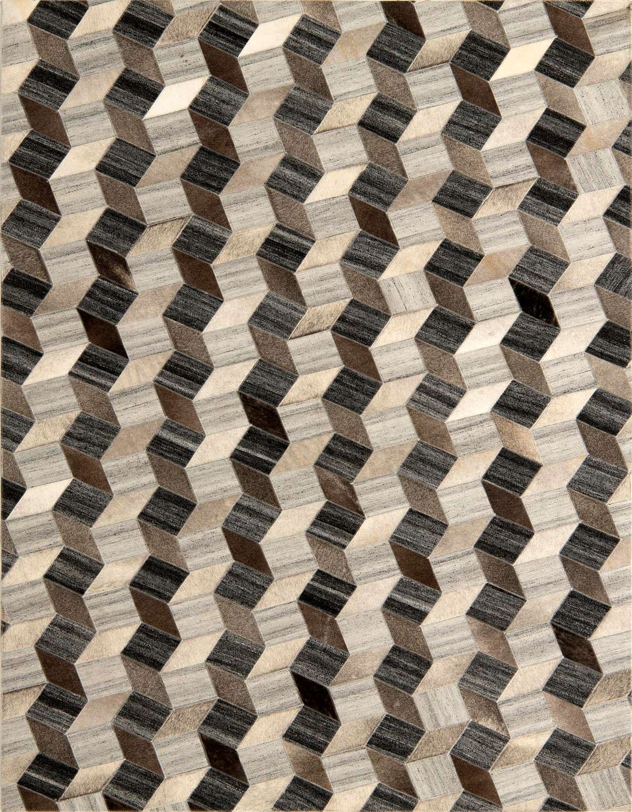 A rectangular 5x8 Cowhide rug featuring a modern geometric stripe pattern in varying shades of gray, silver, and black.