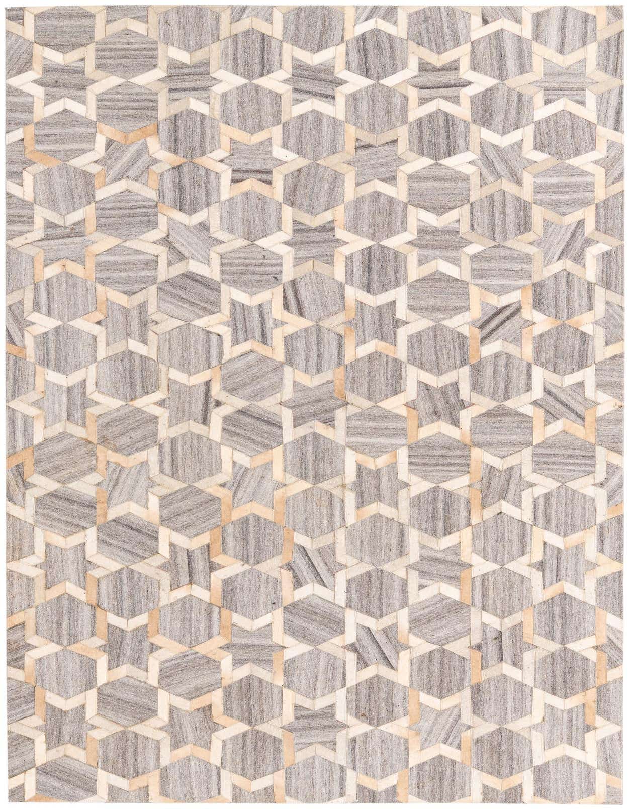 A 5x8 rectangular gray modern rug featuring a geometric pattern of hexagons and stars, handmade from cowhide and leather.