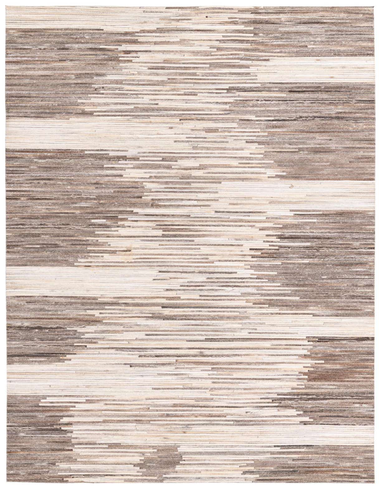 A 5x8 rectangular Cowhide rug featuring a modern stripe pattern in varying shades of gray and silver.