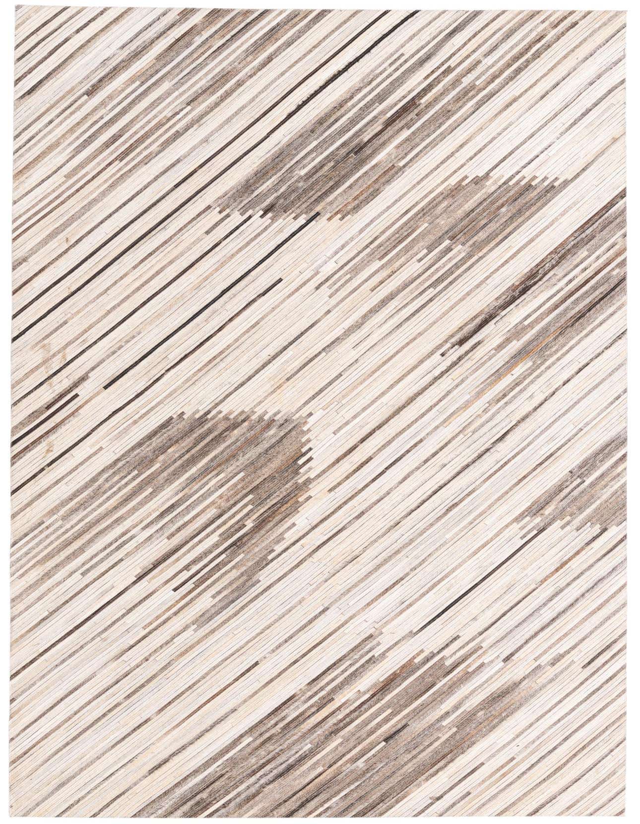A 5x8 rectangular Cowhide rug featuring a modern stripe pattern in varying shades of gray and silver.