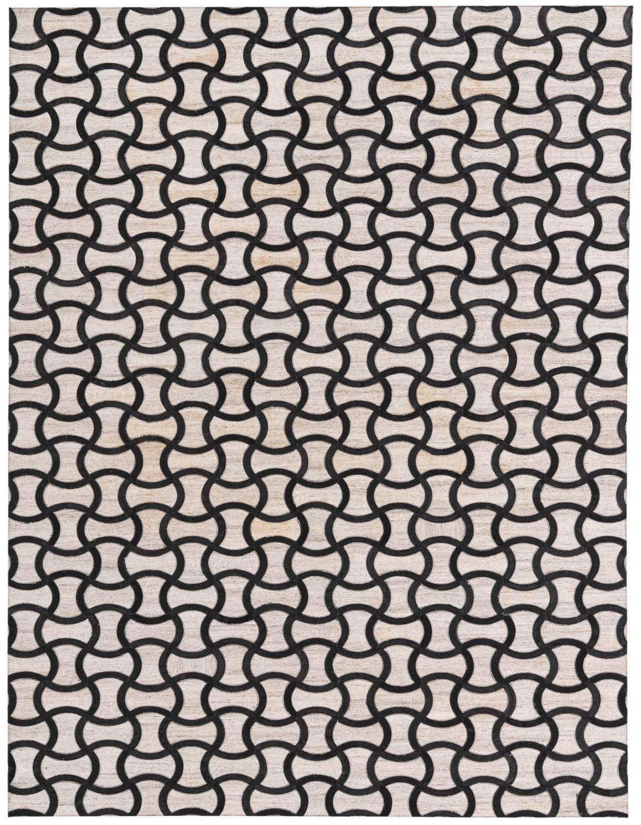 A 5x8 rectangular Cowhide & Leather rug with a modern gray and black interlocking geometric pattern, suitable for a living room.