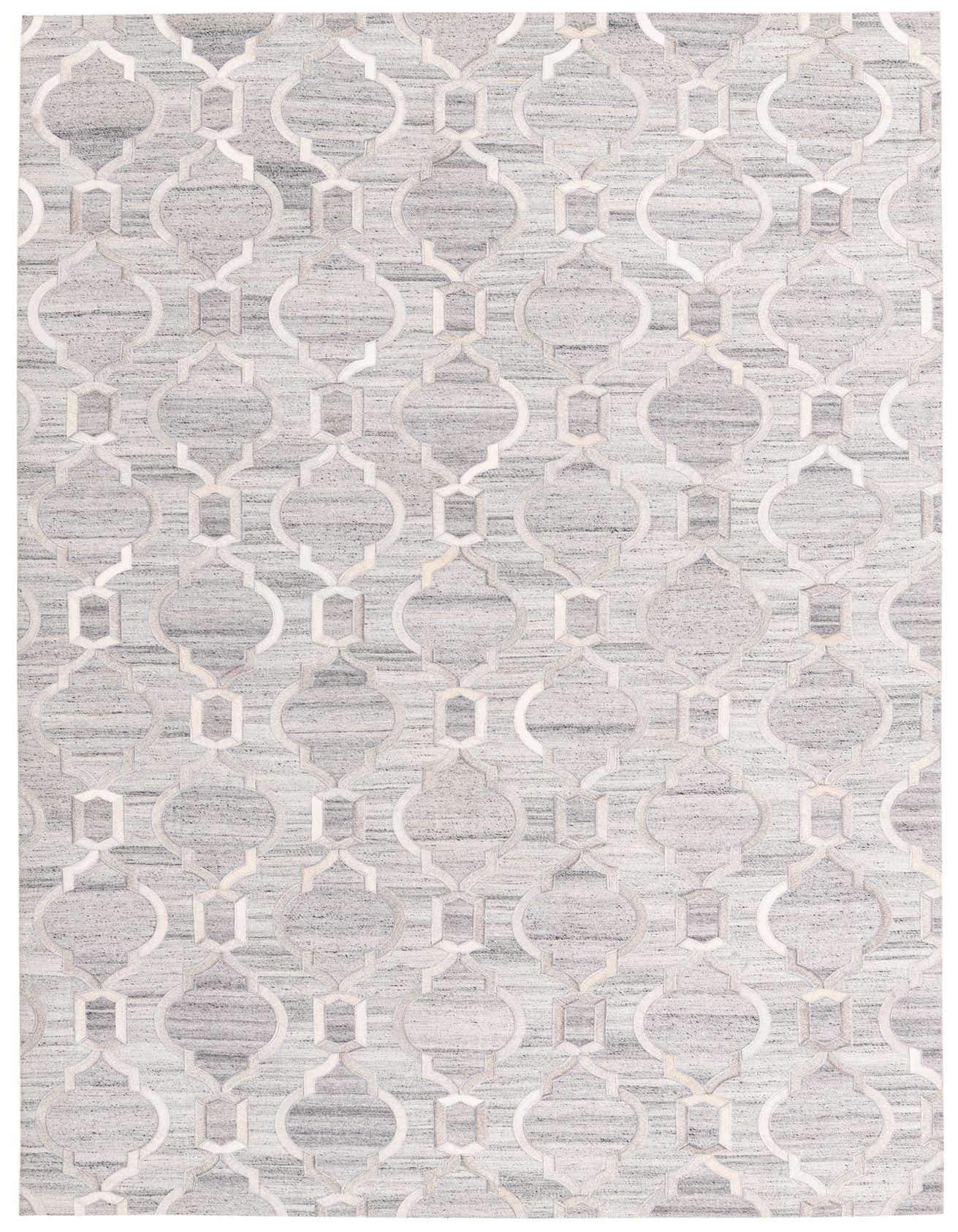 A 5x8 rectangular gray modern rug with a light gray cowhide geometric trellis pattern, suitable for a living room.