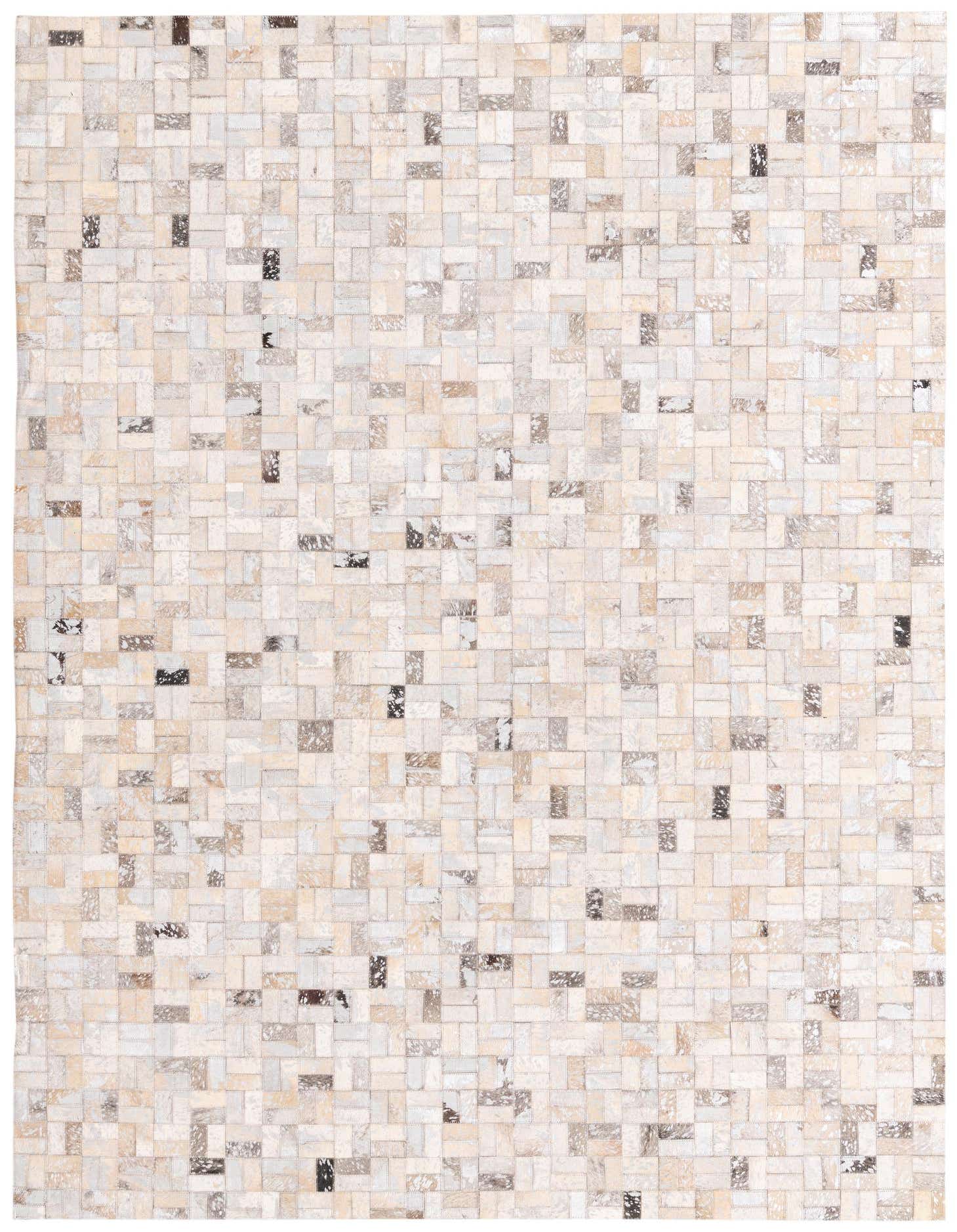 A rectangular 5x8 modern cowhide rug with a mosaic pattern of gray, silver, and cream patches.