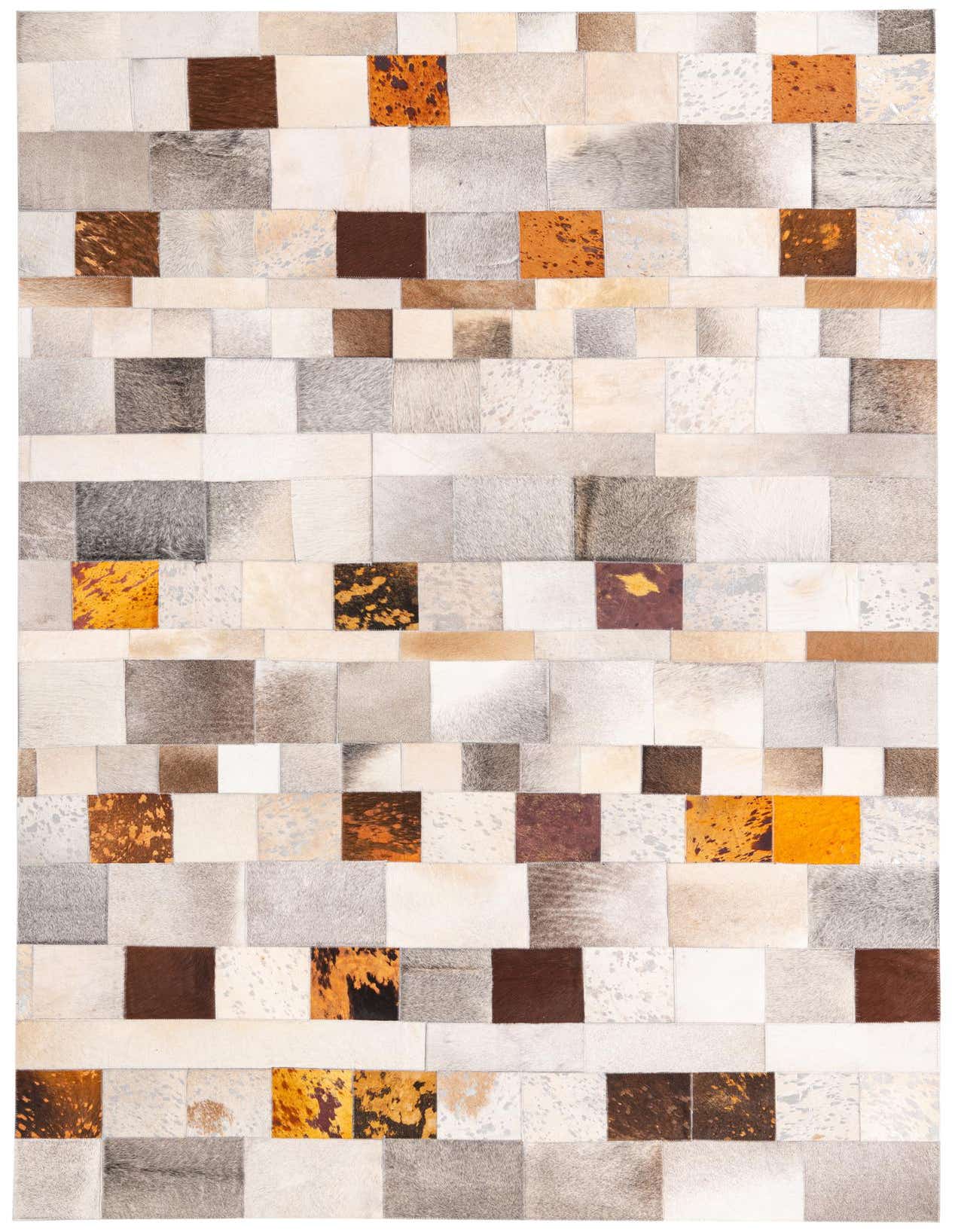 A rectangular 5x8 modern cowhide rug featuring a patchwork of gray, silver, brown, and orange speckled squares.