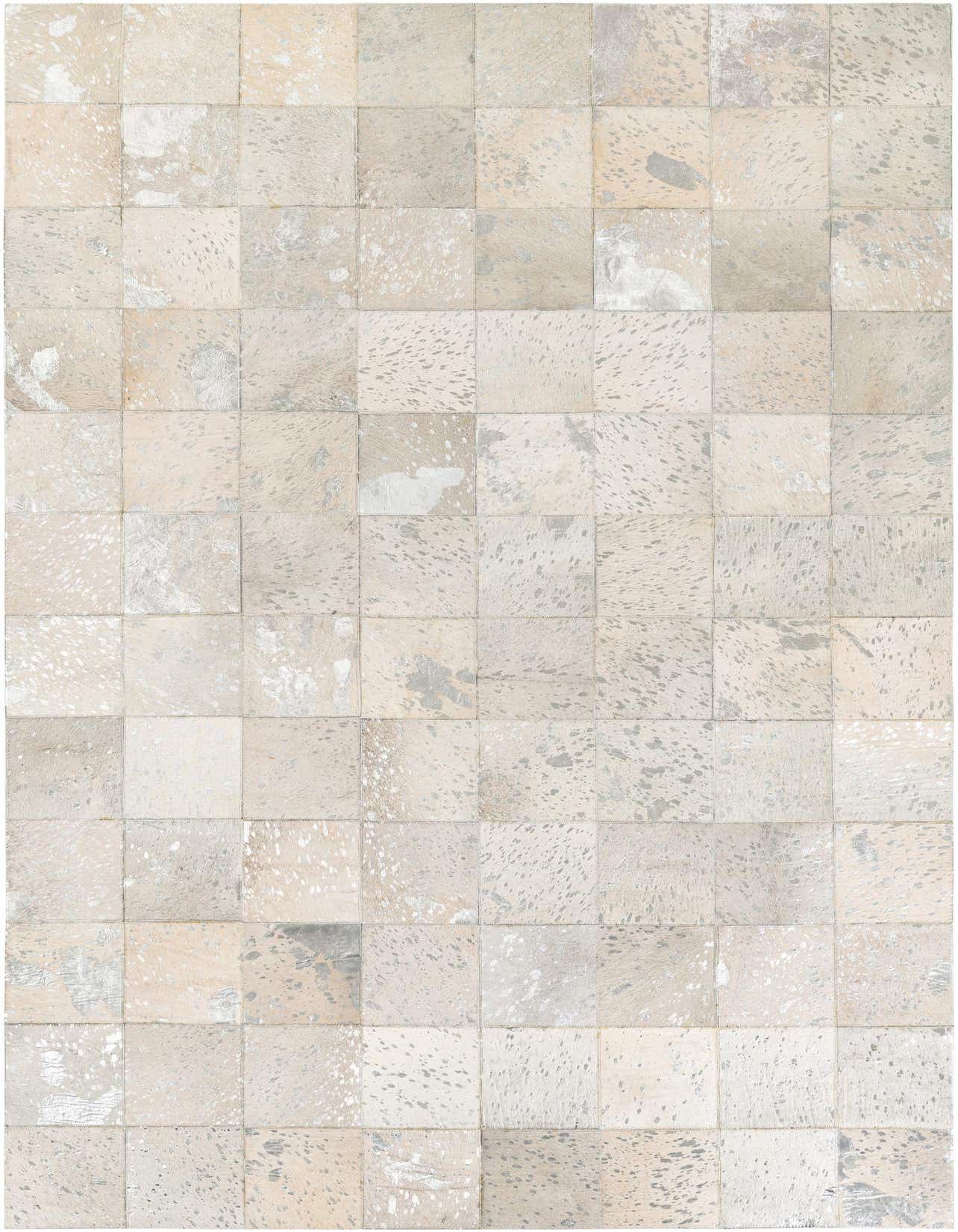 A 5x8 rectangular Cowhide rug featuring a modern patchwork of gray and silver squares with natural speckled patterns.