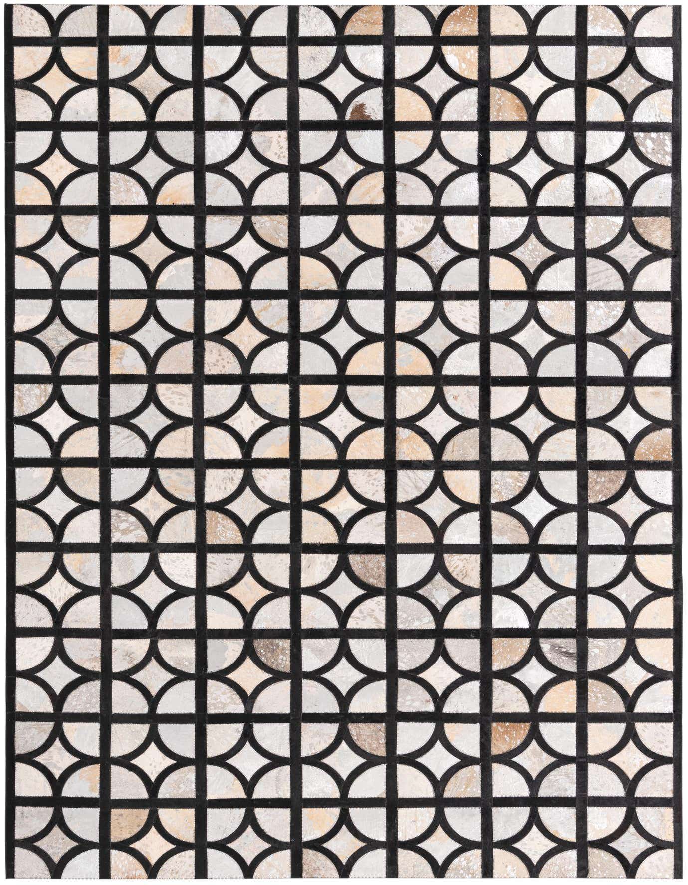 A 5x8 rectangular Cowhide rug featuring a modern geometric pattern of interlocking black circles and squares on a gray and silver background.