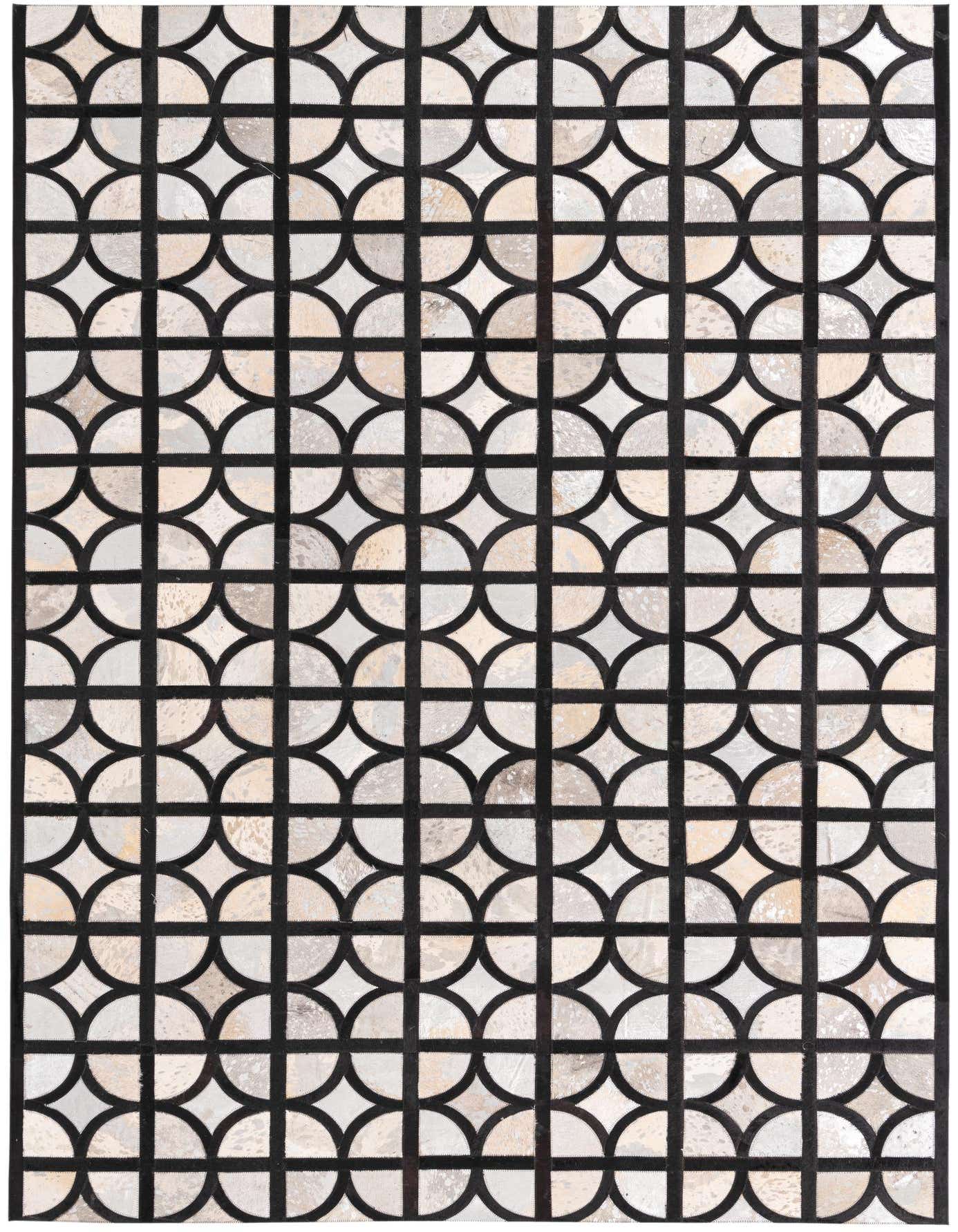 A 5x8 rectangular Cowhide rug with a modern geometric pattern of interlocking black arches and varying gray and silver cowhide patches.