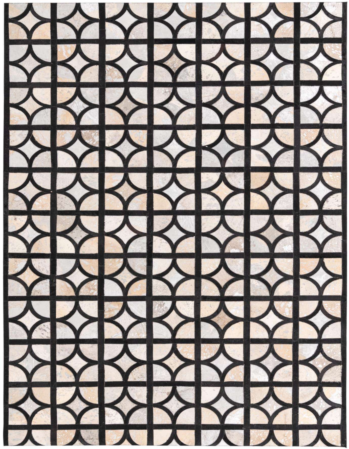 A 5x8 rectangular Cowhide rug featuring a modern geometric pattern of black lines forming a grid over gray and silver semi-circles.