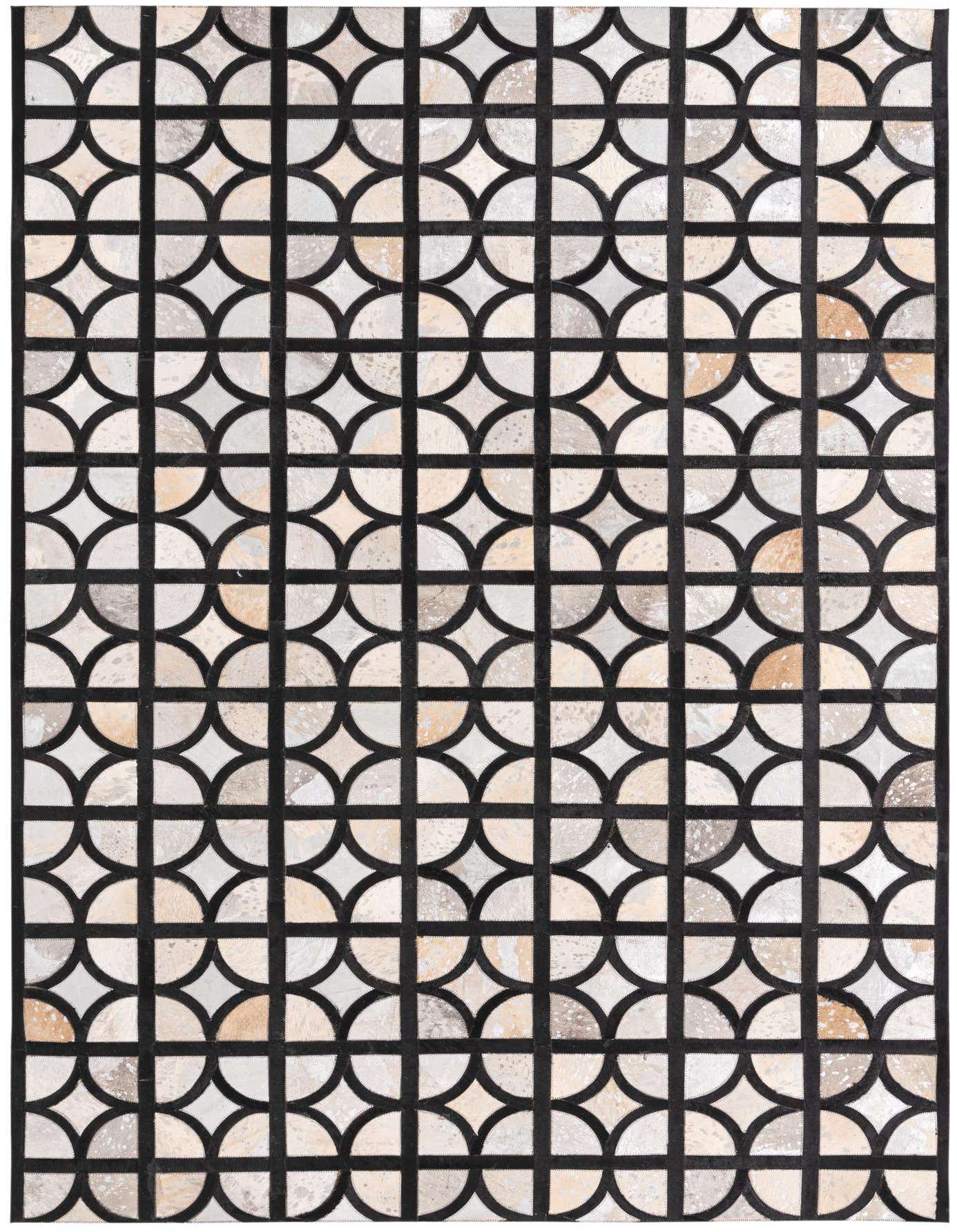 A 5x8 rectangular Cowhide rug with a modern geometric pattern of interlocking black lines and varied gray and silver semicircles.