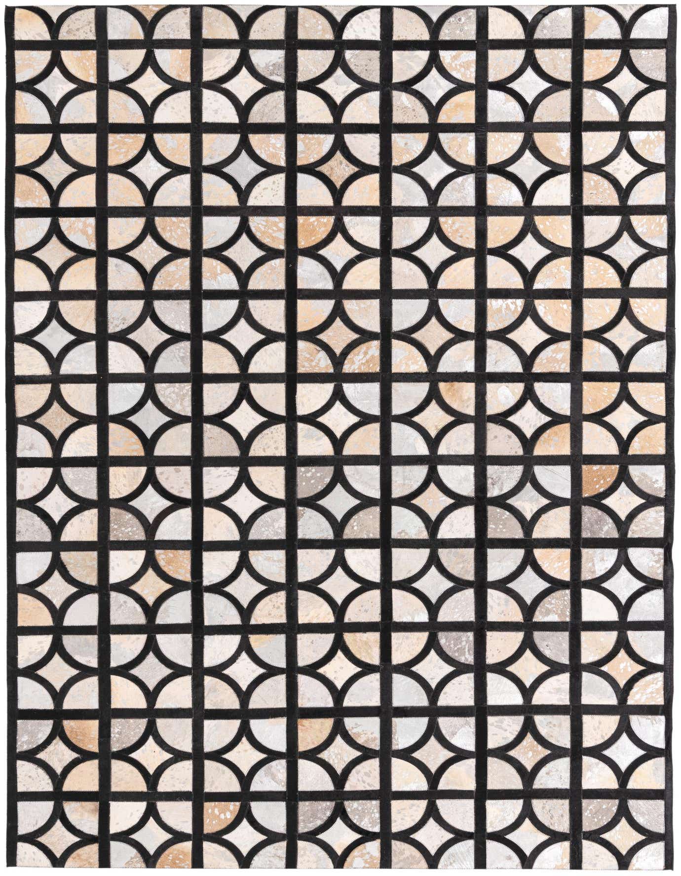 A 5x8 rectangular Cowhide rug with a modern geometric pattern of interlocking black arches over varied gray and silver patches.