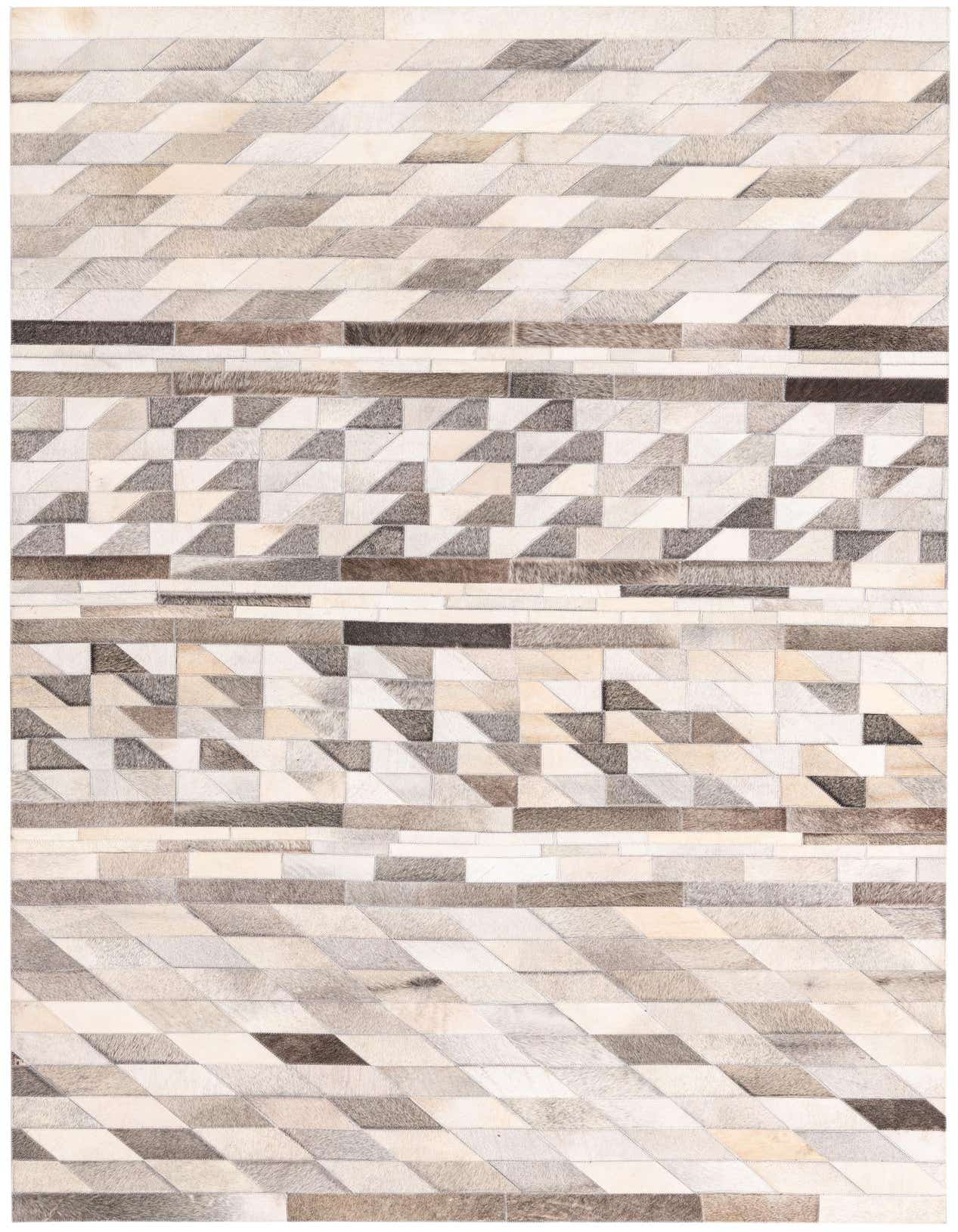 A 5x8 rectangular Cowhide rug featuring a modern geometric pattern in various shades of gray and silver.