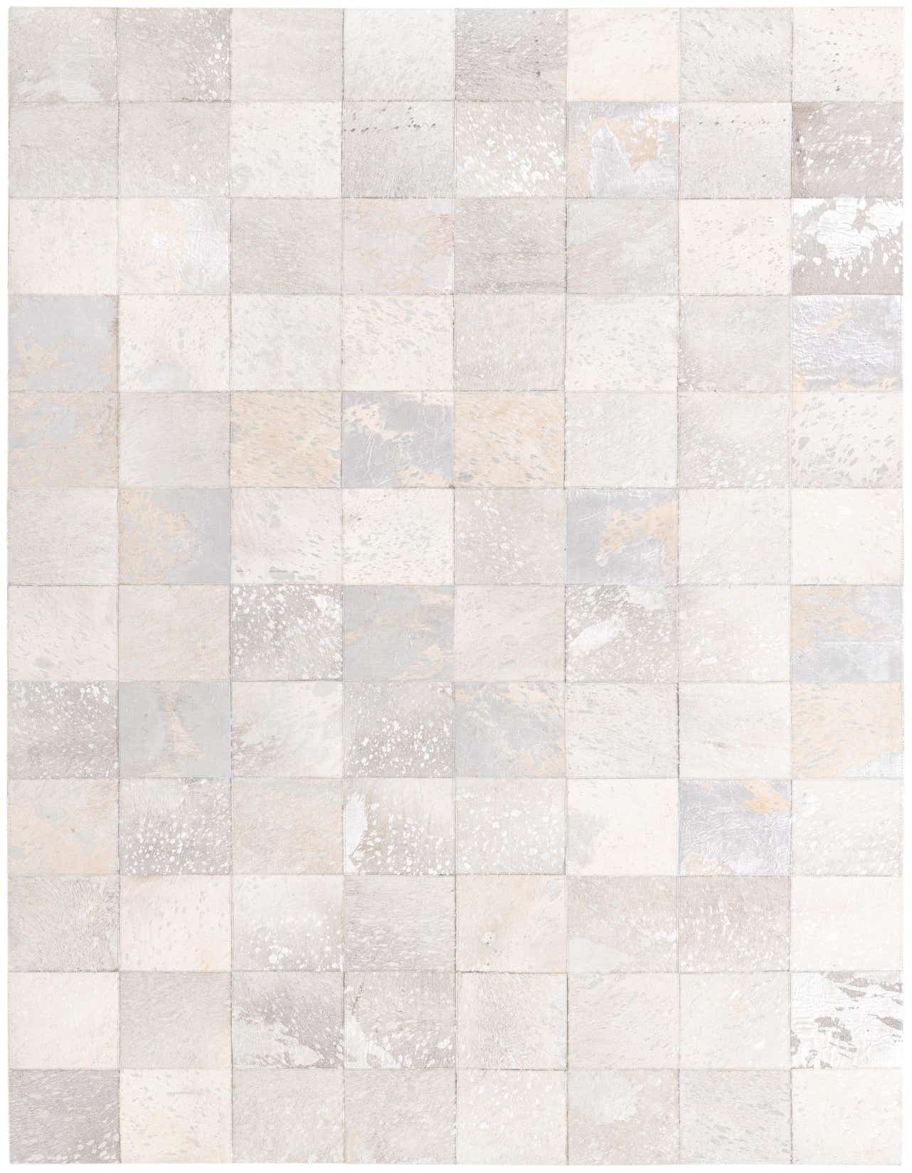 A 5x8 rectangular Cowhide rug featuring a modern patchwork design in varying shades of gray and silver.