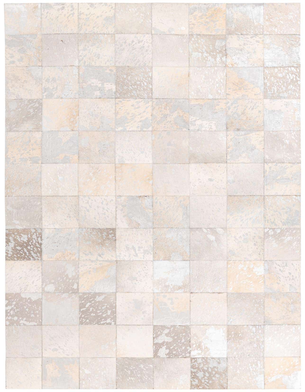 A 5x8 rectangular modern cowhide rug in varying shades of gray and silver, featuring a patchwork square pattern.