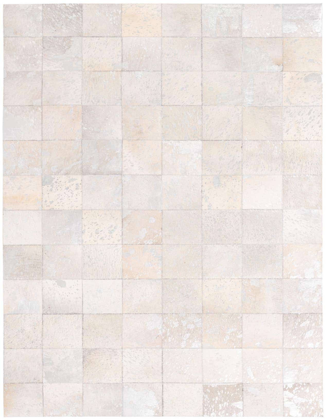 A 5x8 rectangular Cowhide rug featuring a modern patchwork pattern of gray and silver squares, suitable for a living room.