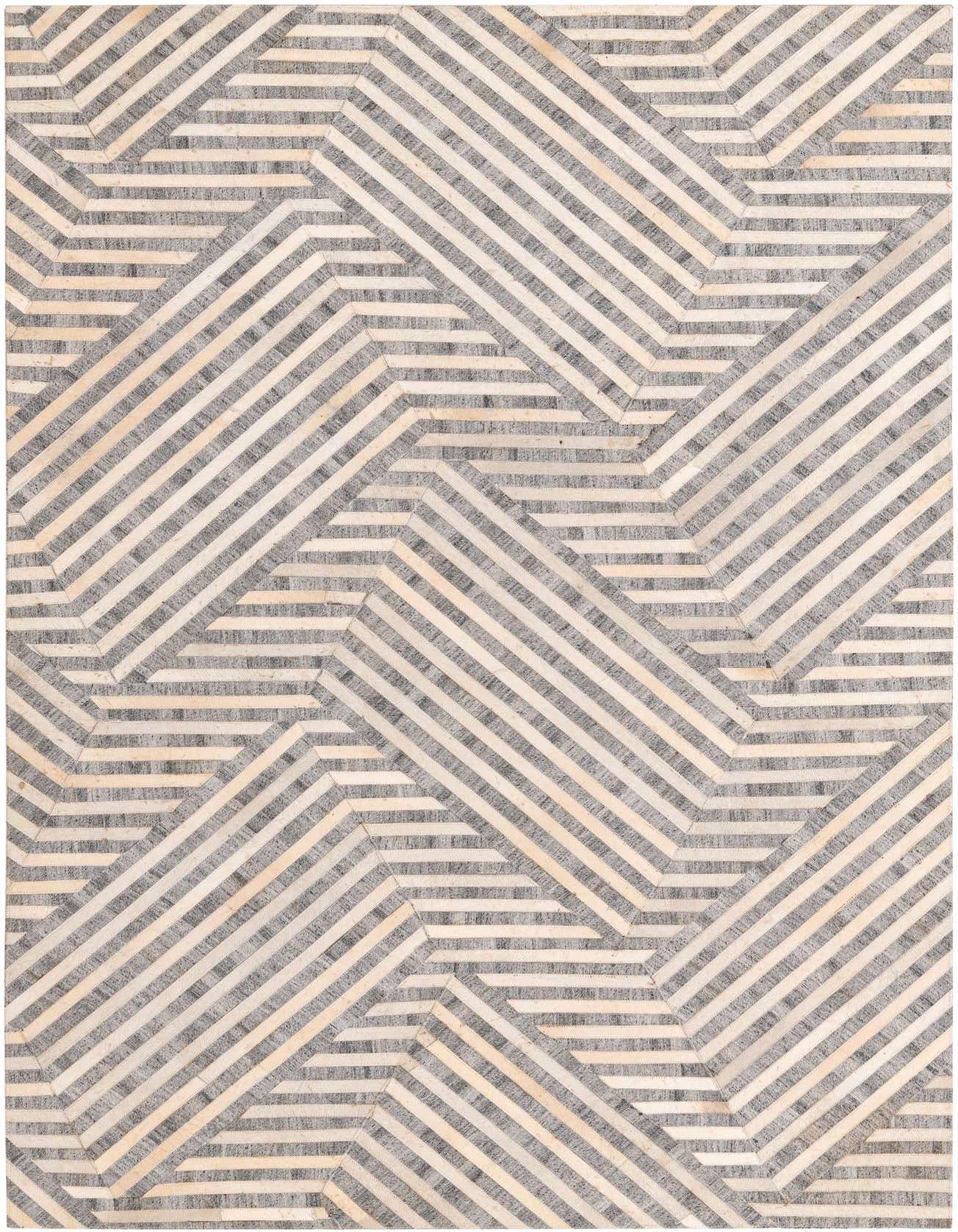 A 5x8 rectangular Cowhide rug featuring a modern geometric pattern of alternating gray and light beige stripes, perfect for a living room.