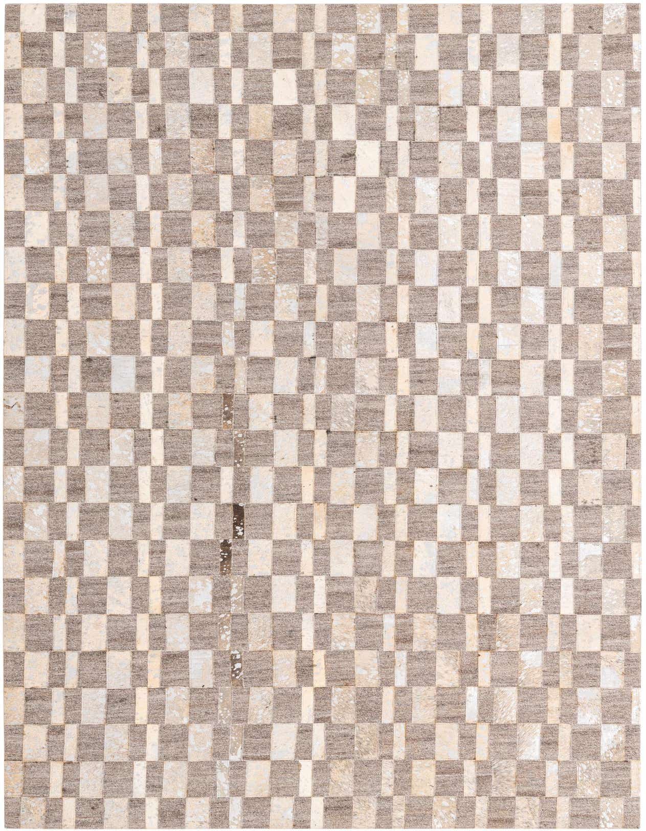 A 5x8 rectangular Cowhide rug featuring a modern checkerboard pattern in varying shades of gray and silver.