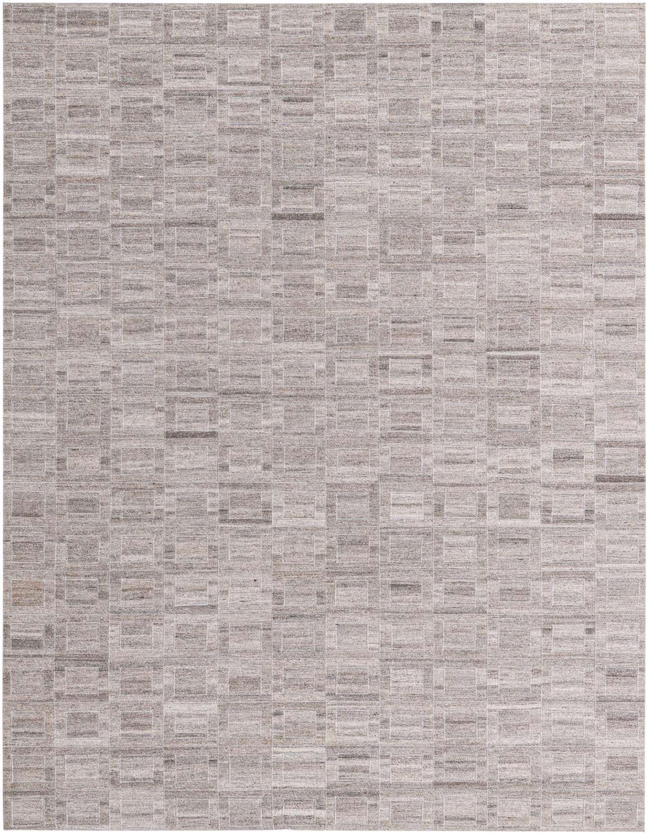 A 5x8 rectangular Cowhide rug in varying shades of gray, featuring a modern, subtle geometric block pattern.