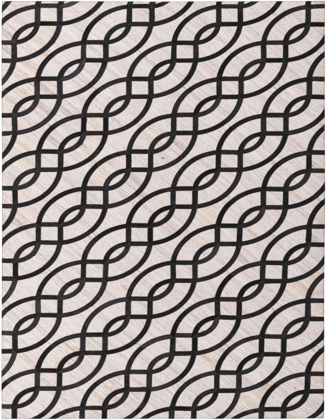 A 5x8 rectangular gray modern rug with an interlocking black geometric pattern, ideal for a living room.