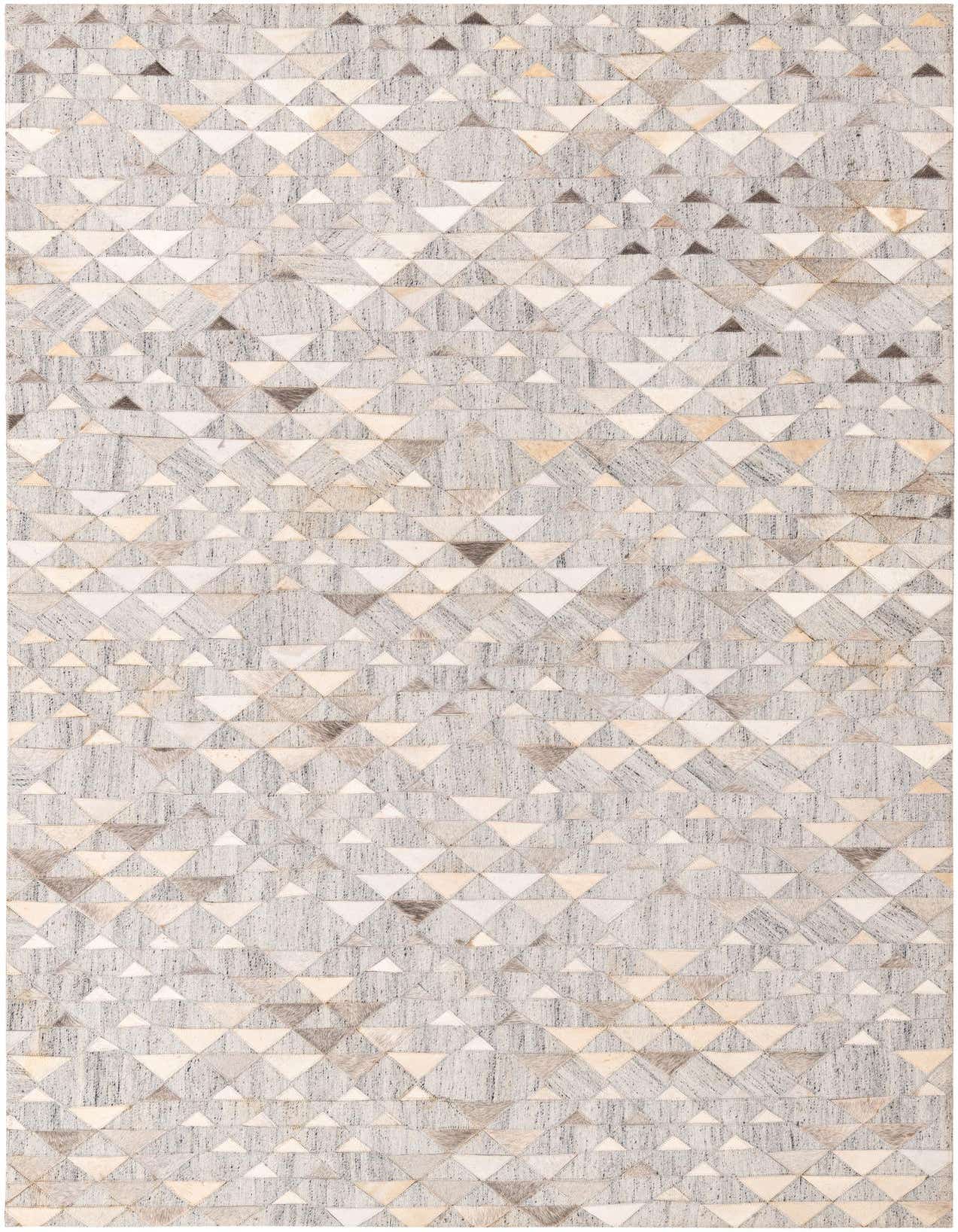 A 5x8 rectangular gray modern rug featuring a mosaic of varying gray and silver cowhide triangles.