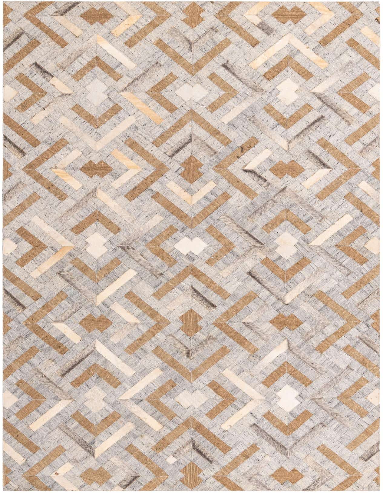 A 5x8 rectangular Cowhide rug featuring a modern geometric pattern in shades of gray, silver, and natural tan leather.