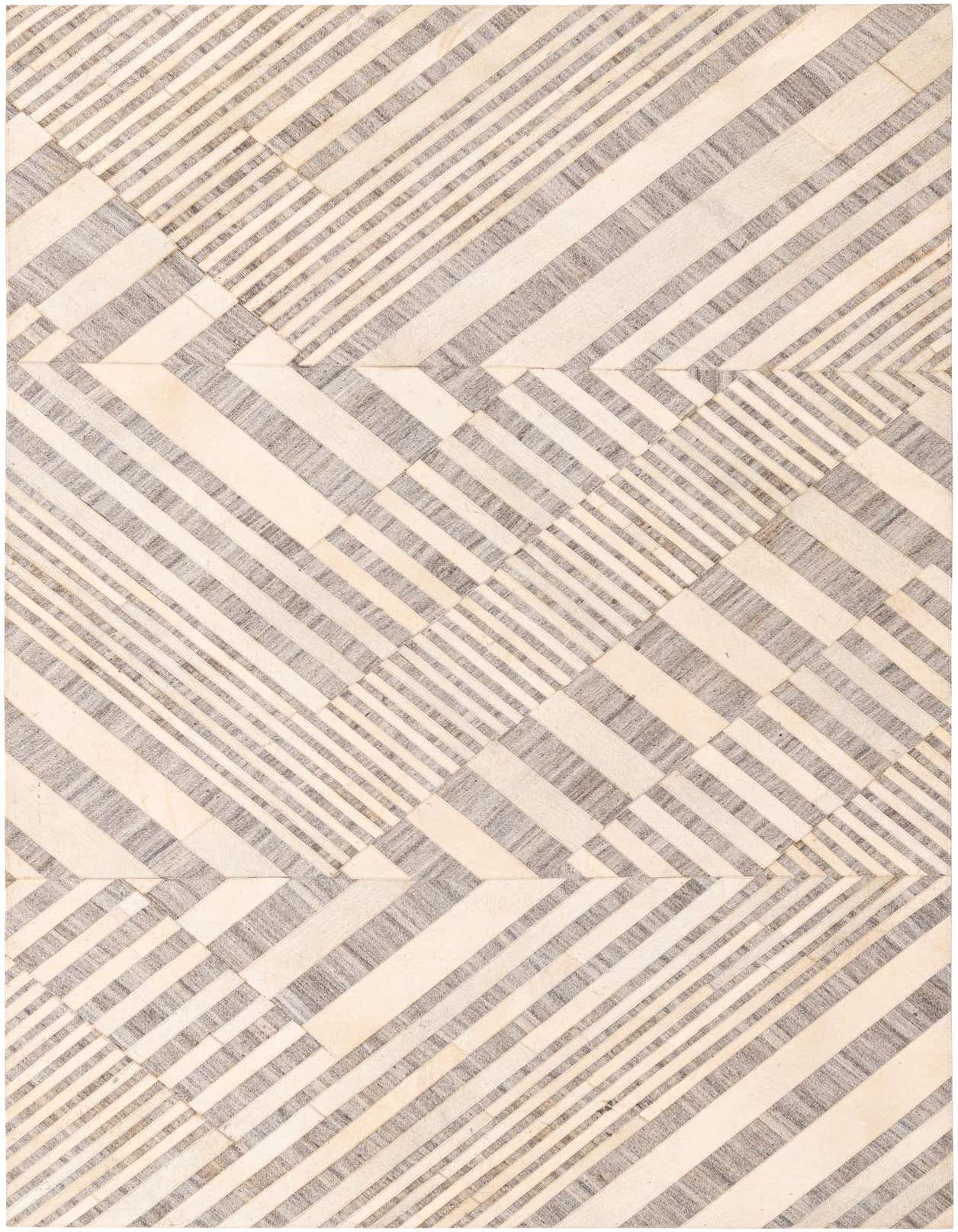 A 5x8 rectangular Cowhide rug featuring a modern geometric pattern of diagonal gray and off-white stripes.