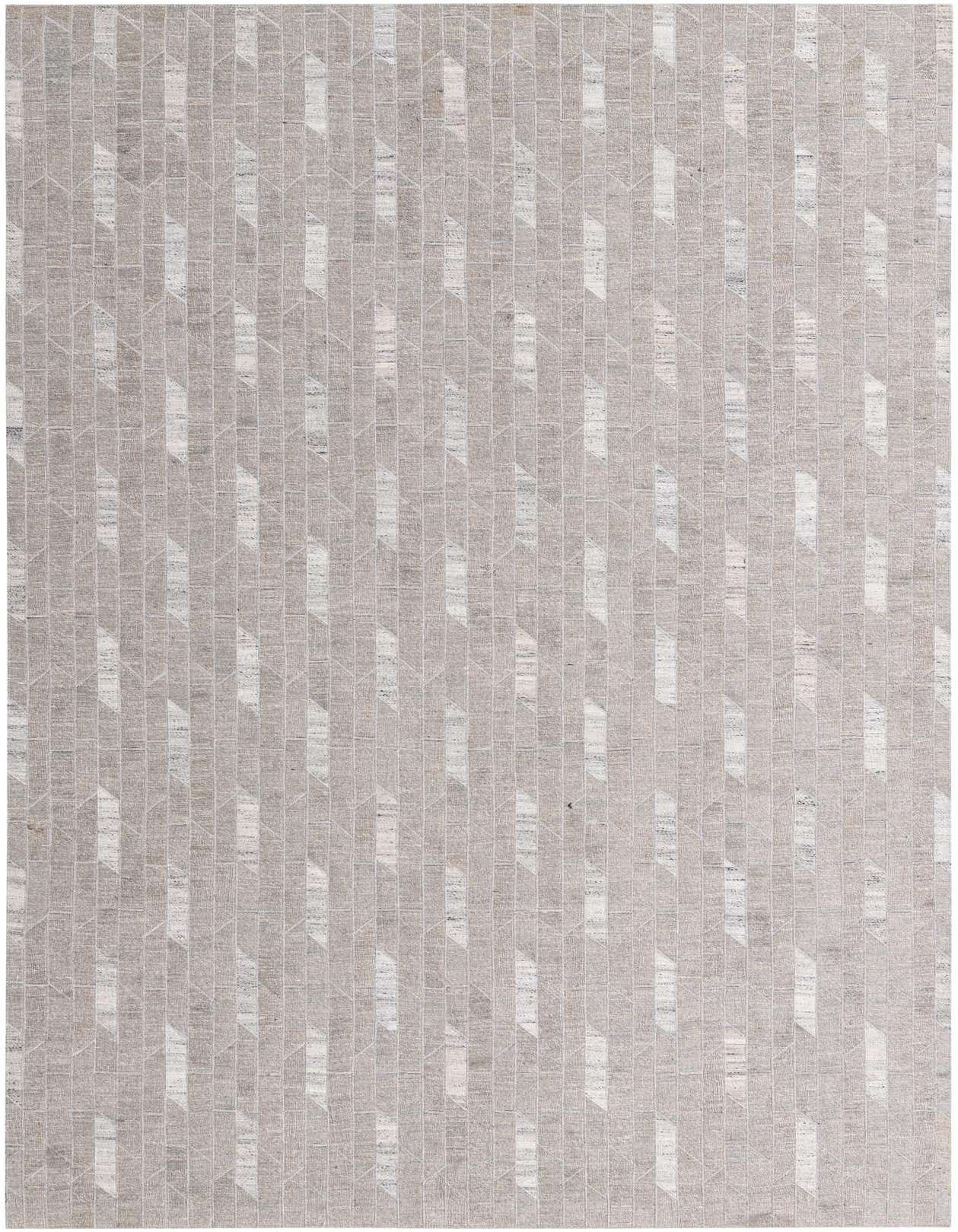 A 5x8 rectangular Cowhide rug in shades of gray and silver with a modern geometric pattern, suitable for a living room.