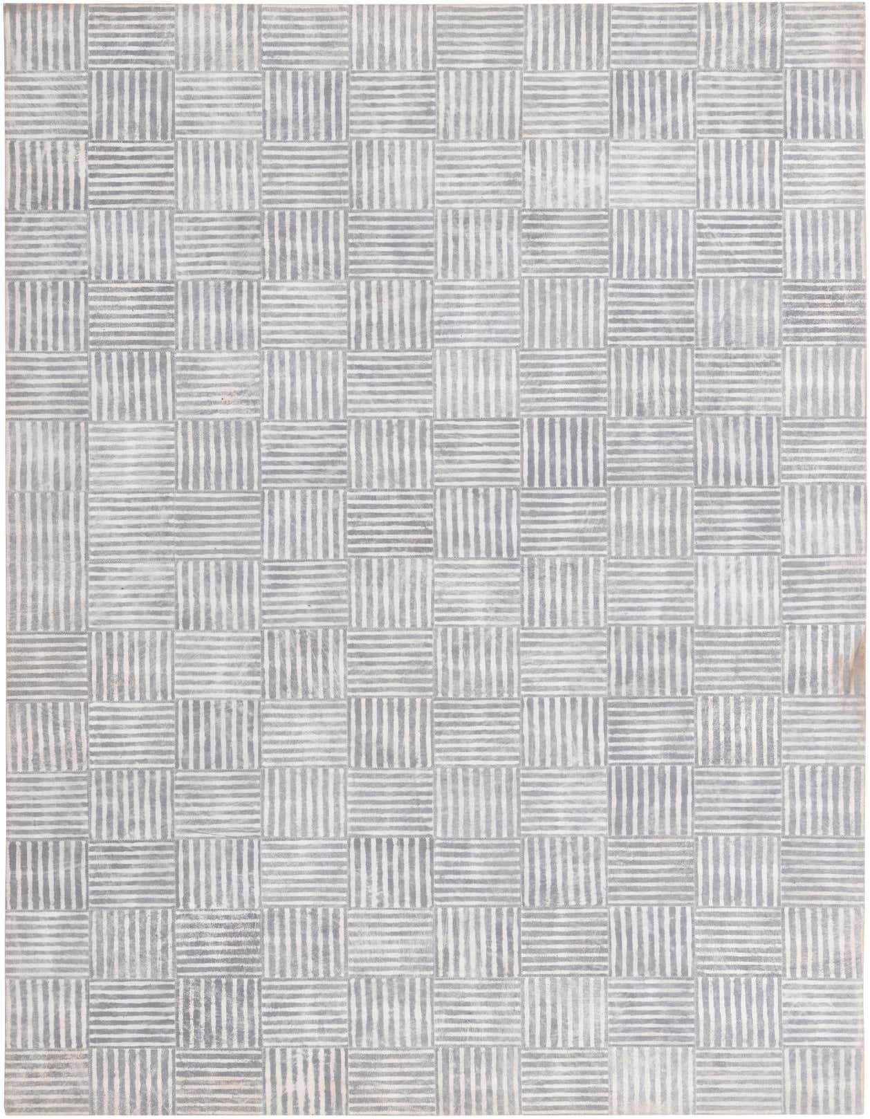 A 5x8 rectangular gray modern cowhide rug featuring a checkerboard pattern of alternating horizontal and vertical stripes.