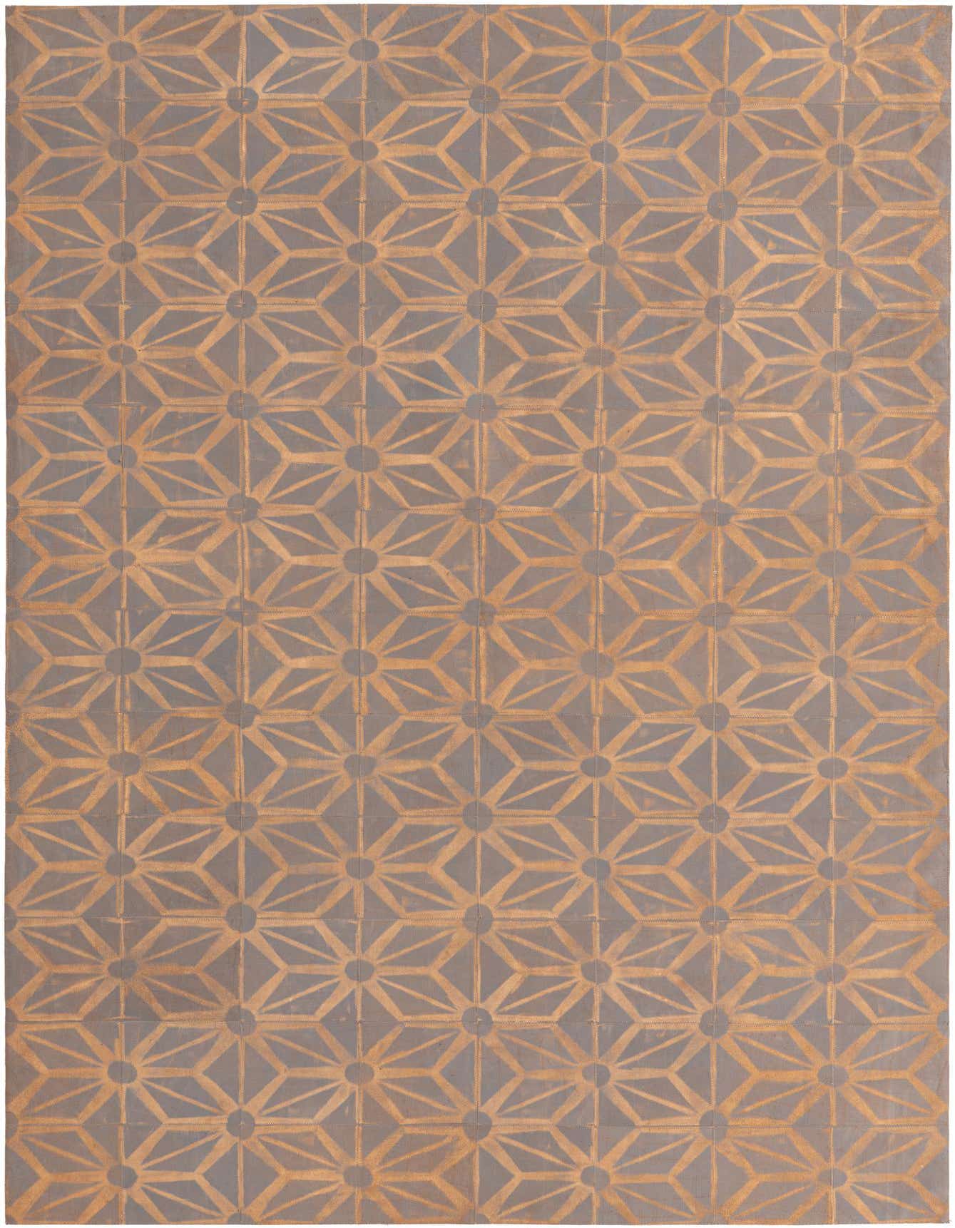 A 5x8 rectangular gray and silver cowhide rug with a modern geometric pattern, ideal for a living room.