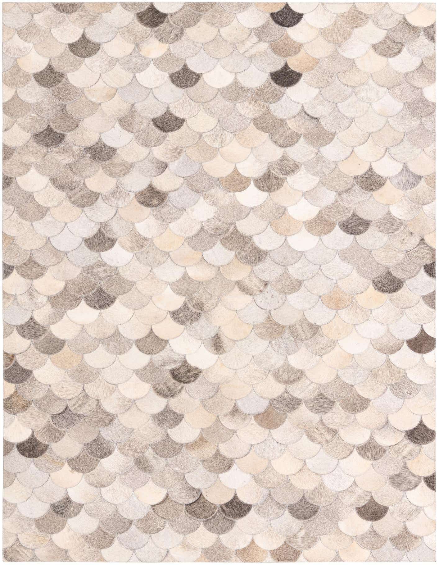 A 5x8 rectangular Cowhide rug featuring a modern scallop pattern in various shades of gray and silver.