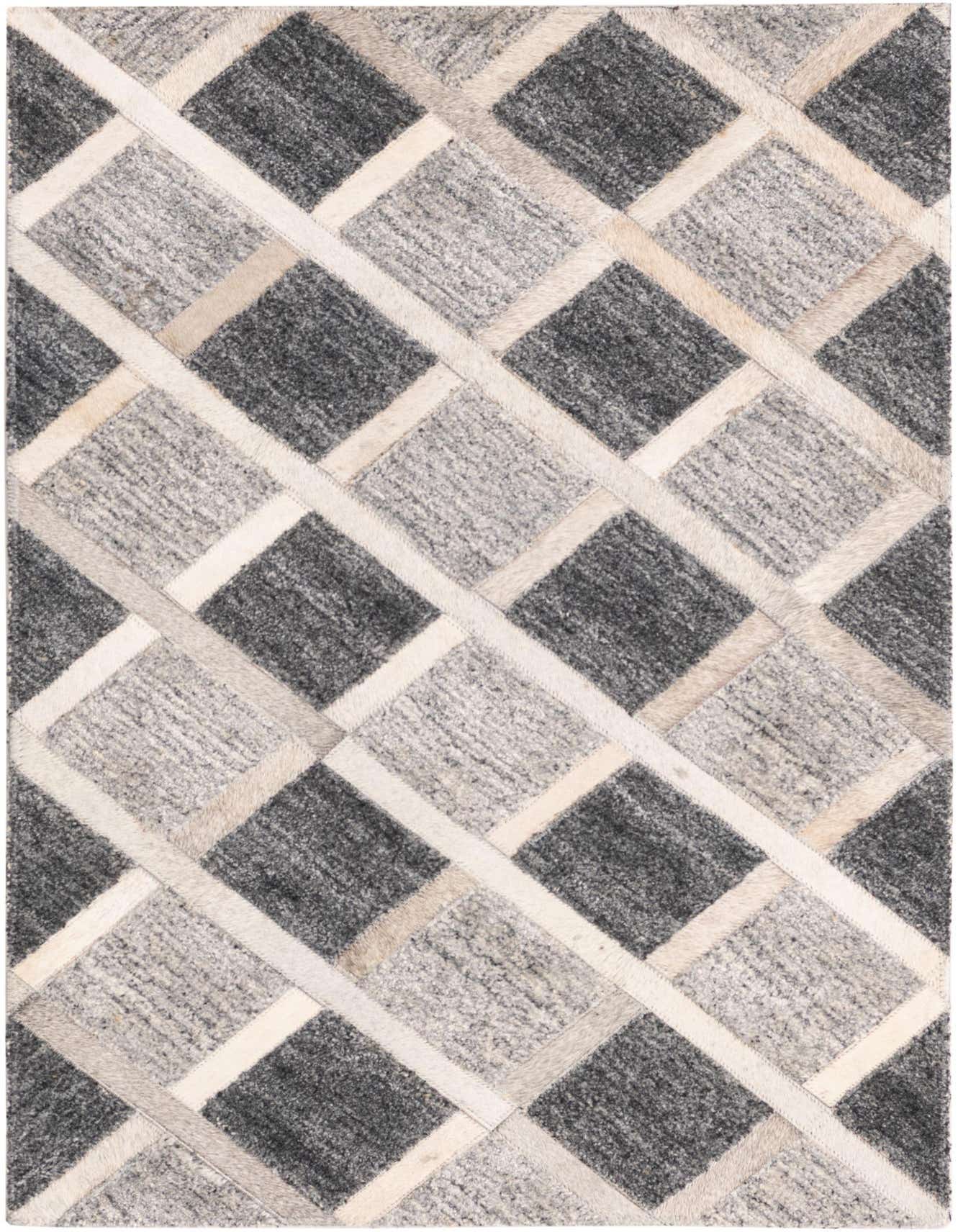 A 2x3 rectangular Cowhide rug featuring a modern geometric pattern of light and dark gray squares with light gray diagonal lines.