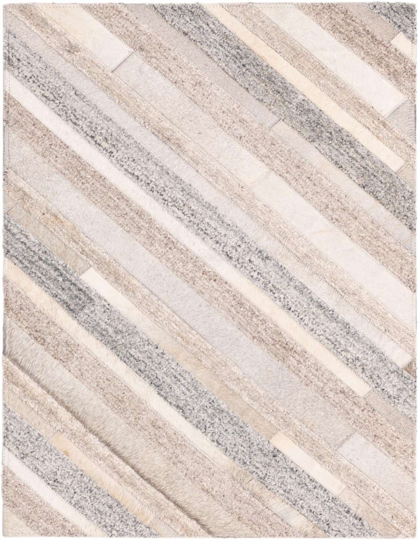 A 2x3 rectangular Rugs.com Cowhide rug featuring a modern stripe pattern in varying shades of gray, silver, and cream.