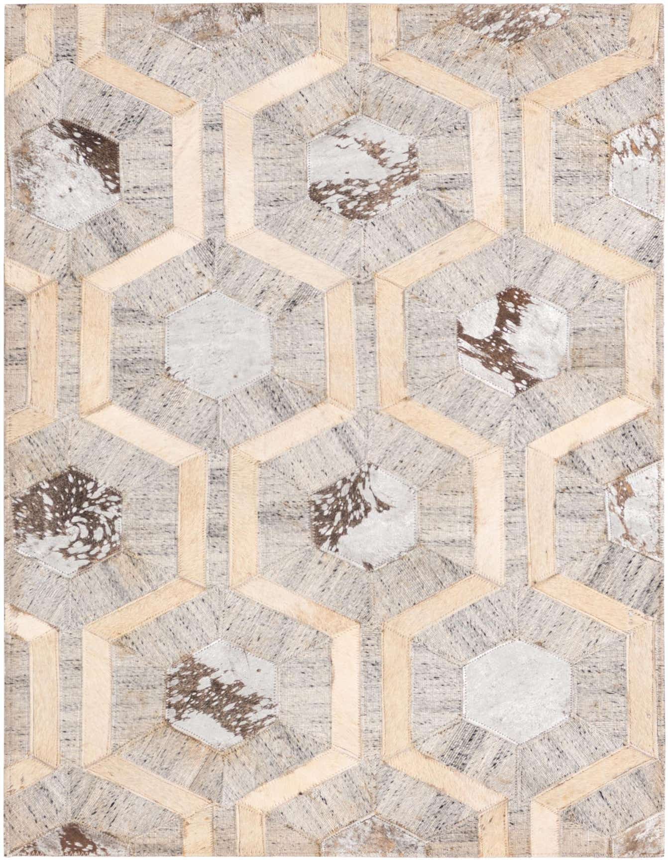 A 2x3 rectangular Cowhide rug featuring a modern geometric pattern of gray and silver hexagons with light beige leather borders.