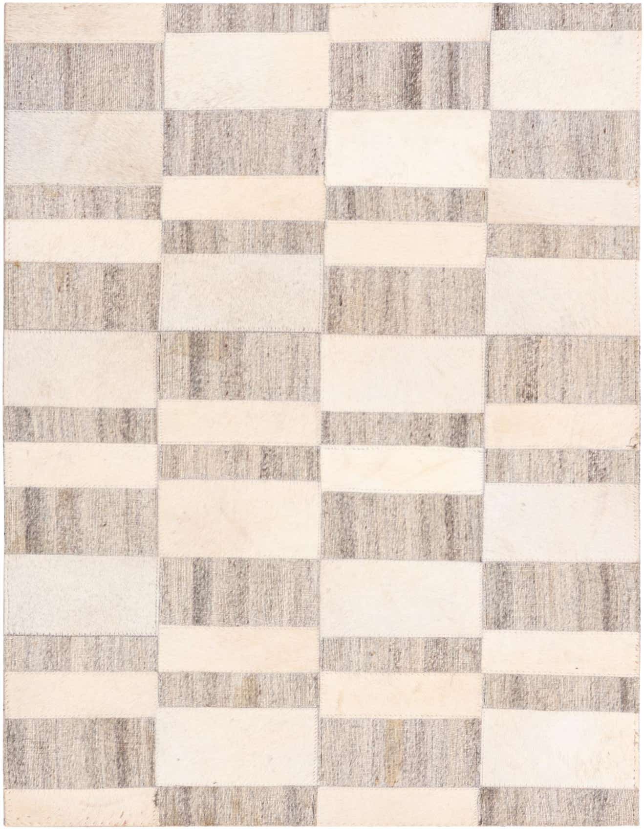 A 2x3 rectangular modern rug with a patchwork pattern of alternating gray woven and light gray cowhide blocks.