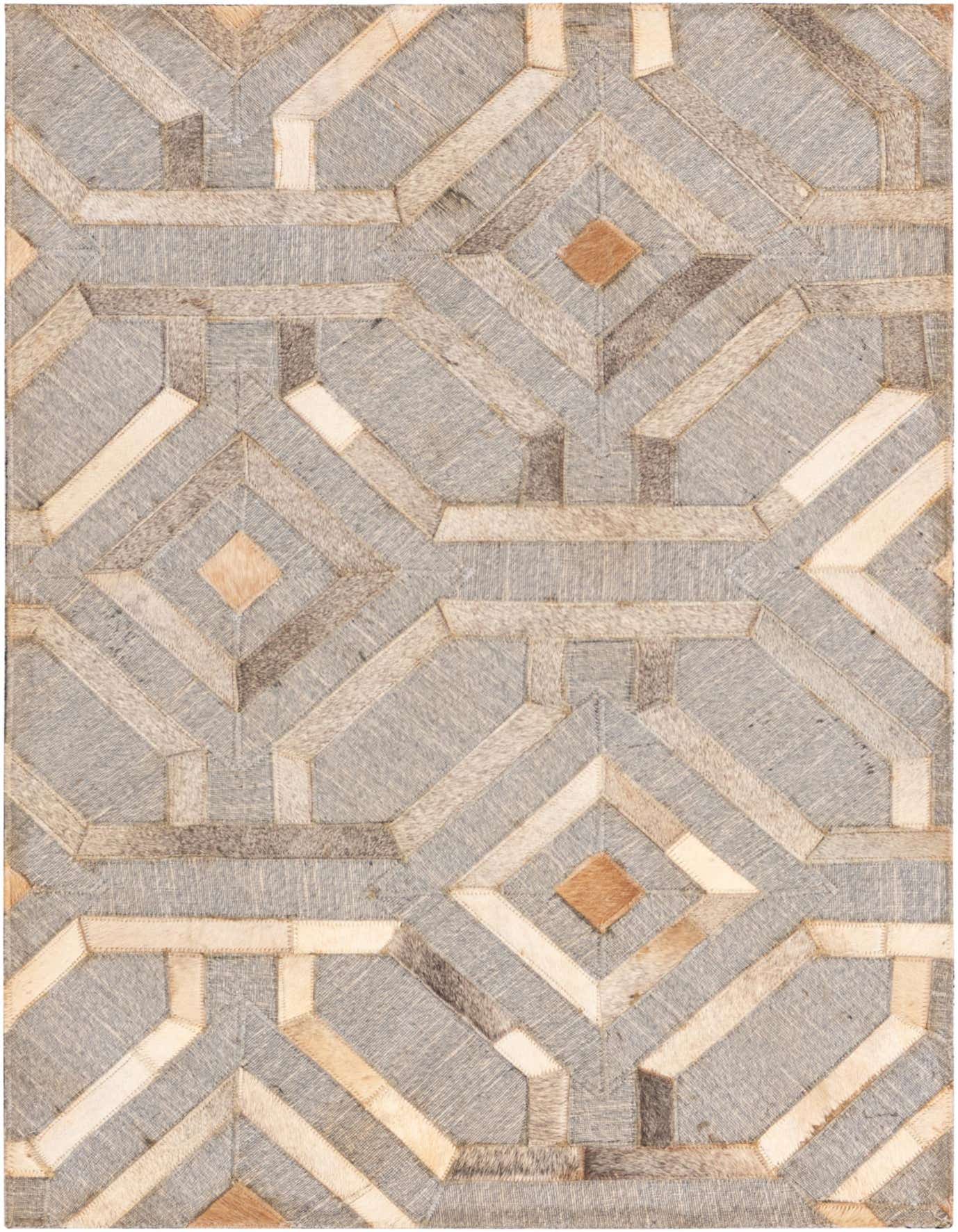 A 2x3 rectangular gray modern rug featuring a geometric pattern of cowhide and leather patches.