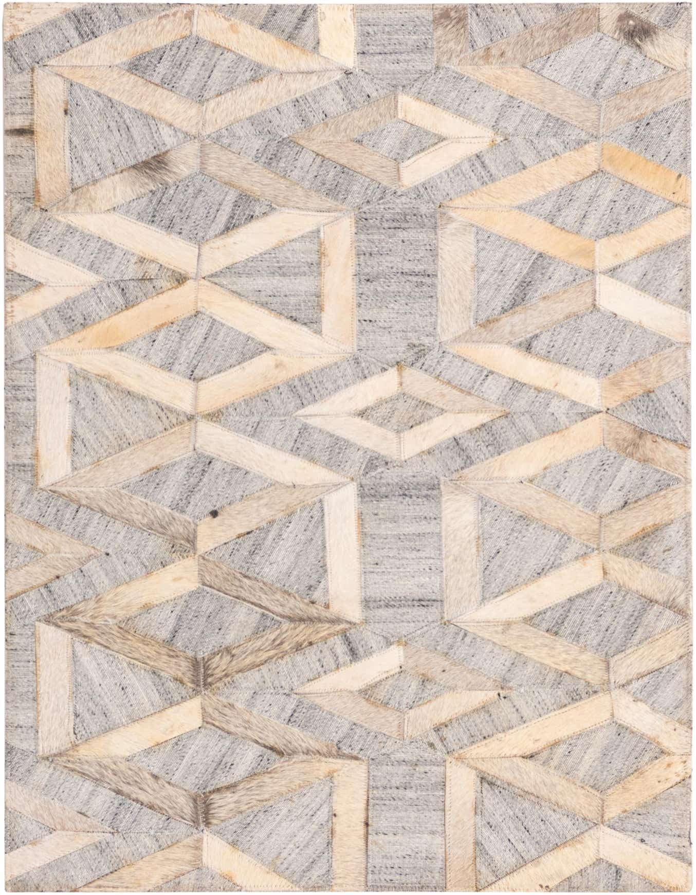 A 2x3 rectangular Cowhide rug featuring a modern geometric pattern in various shades of gray and silver.