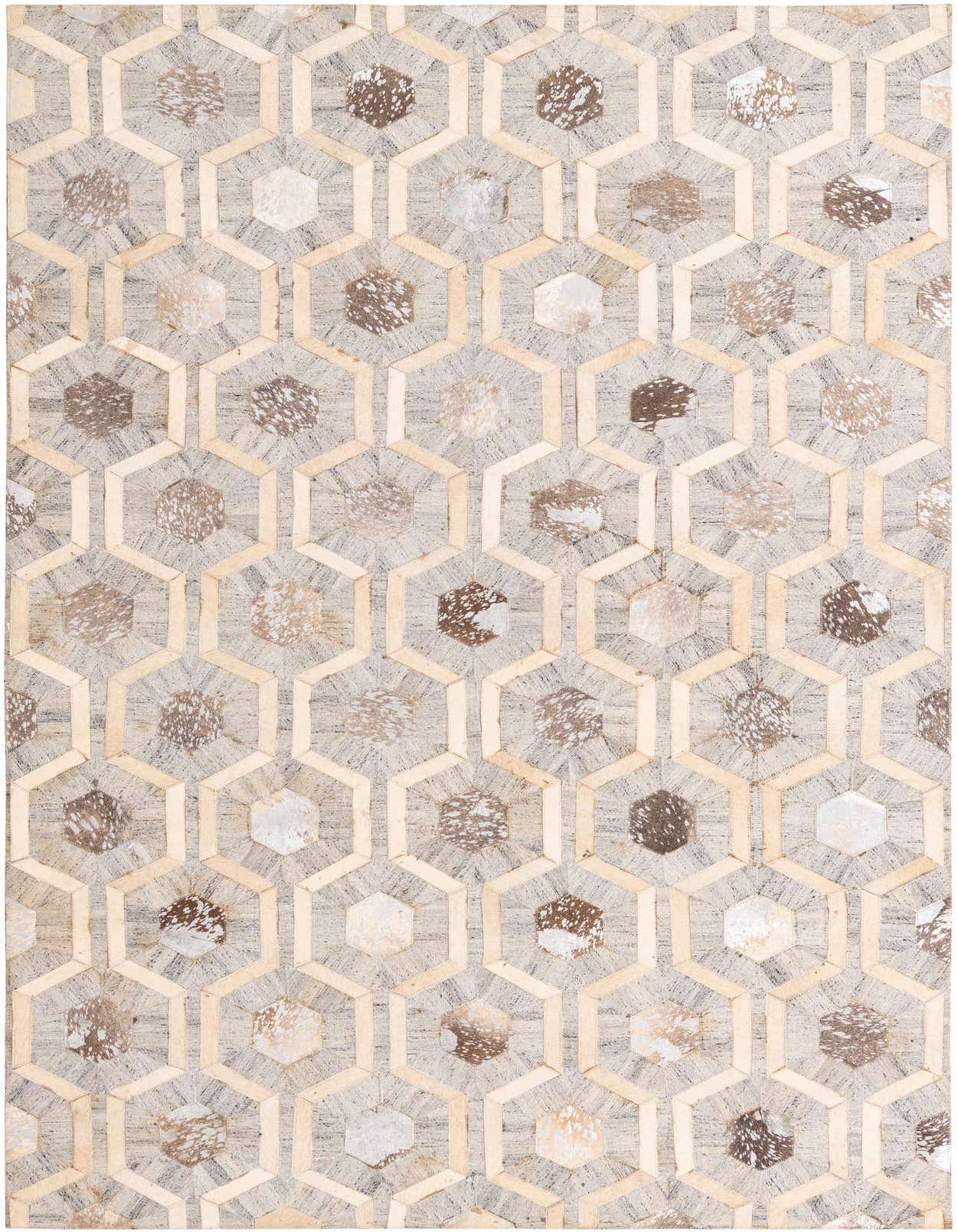 A 5x8 rectangular Cowhide rug featuring a modern geometric pattern of gray and silver hexagons with varied natural cowhide speckles.