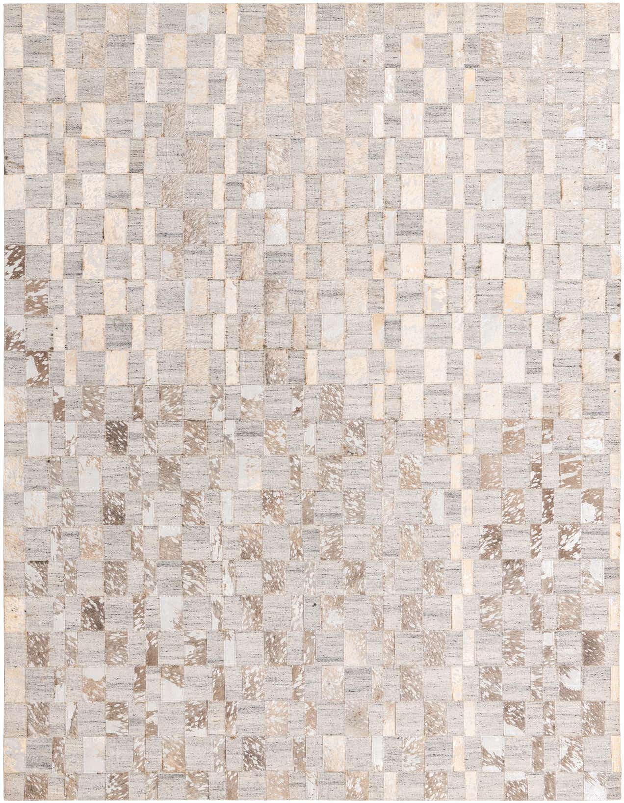 A 5x8 rectangular modern cowhide rug featuring a patchwork of gray and silver tones with varied textures.