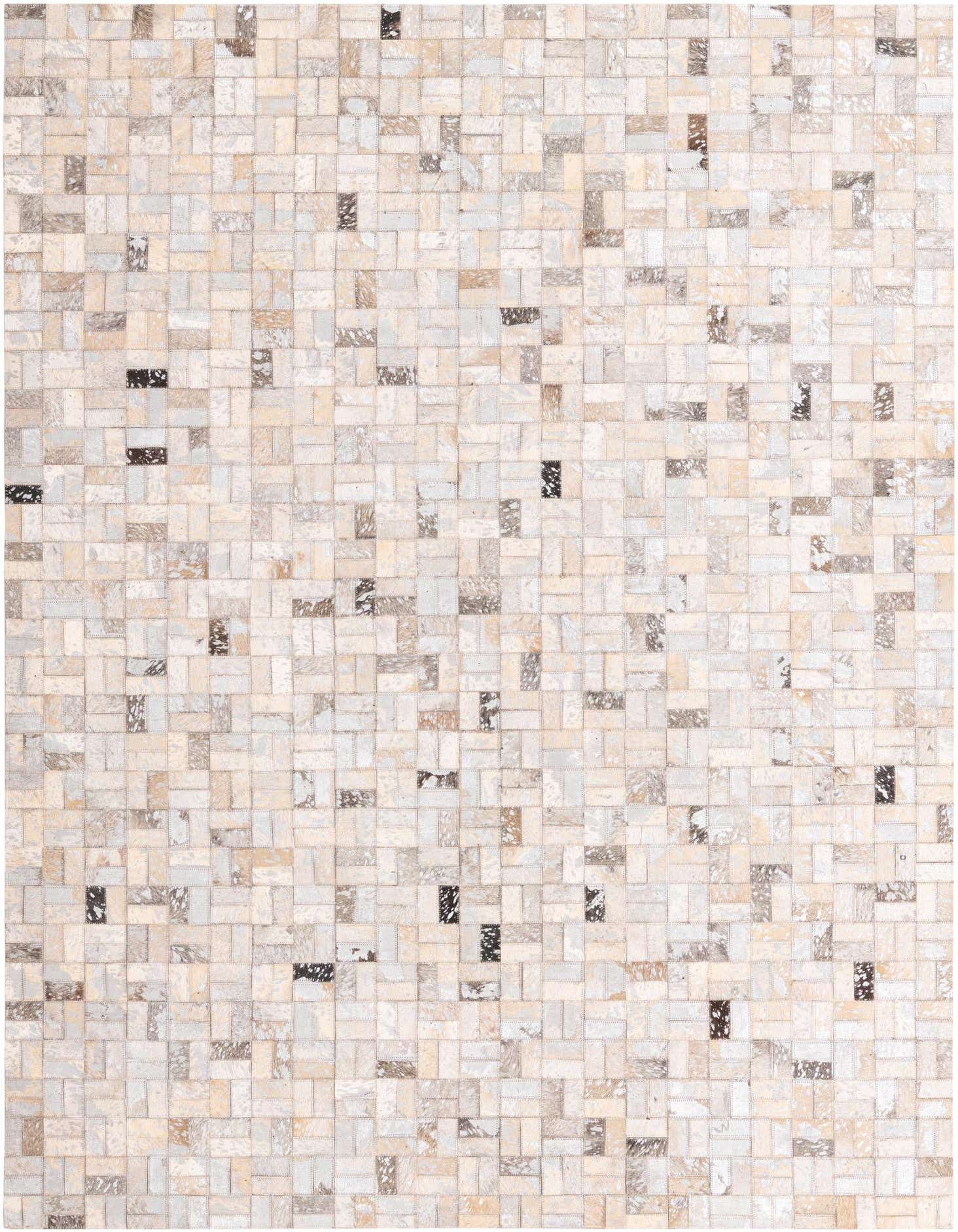 A 5x8 rectangular Cowhide rug featuring a modern patchwork design in varied shades of gray, silver, and cream.