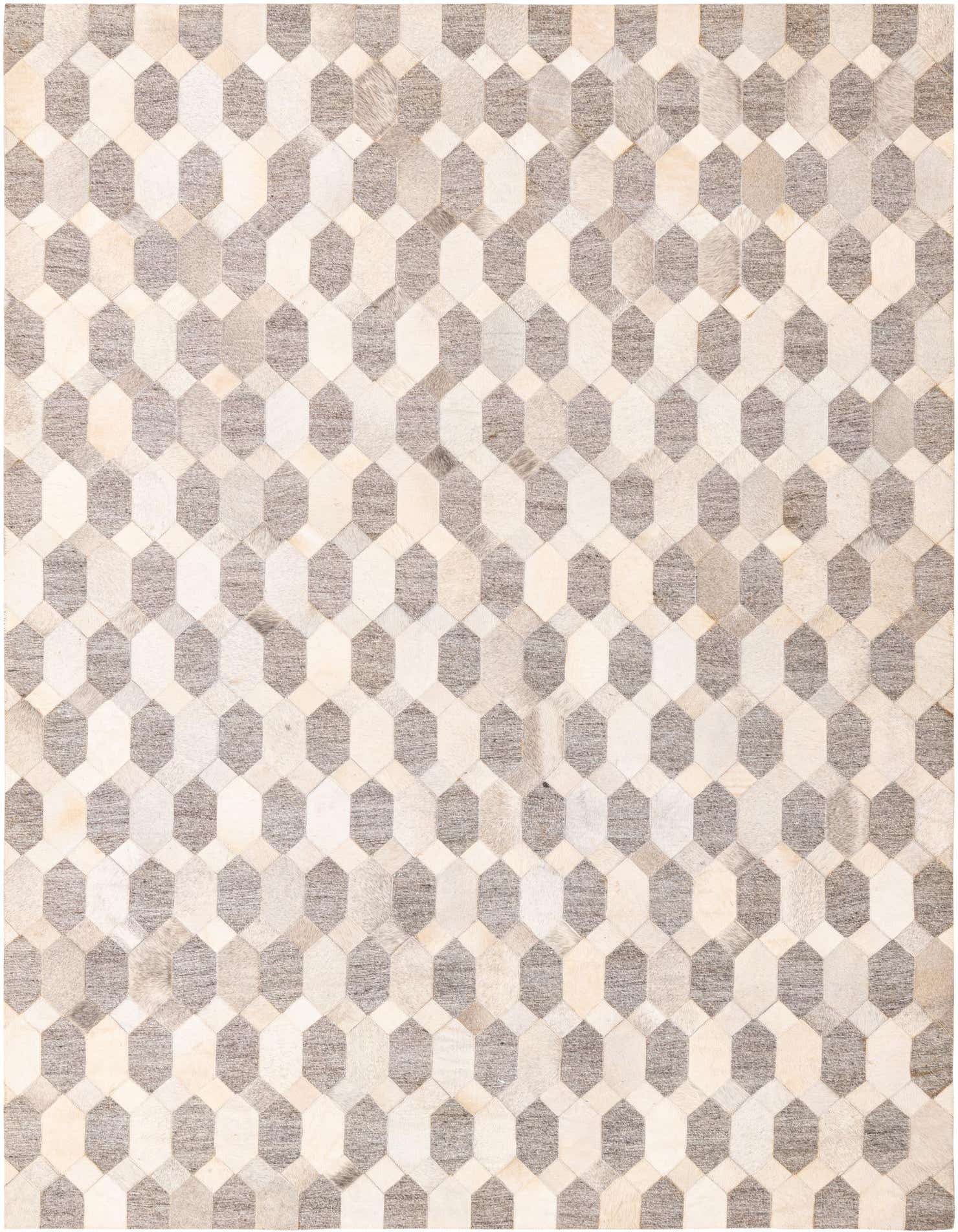 A 5x8 rectangular Cowhide rug featuring a modern geometric pattern in varying shades of gray and silver.