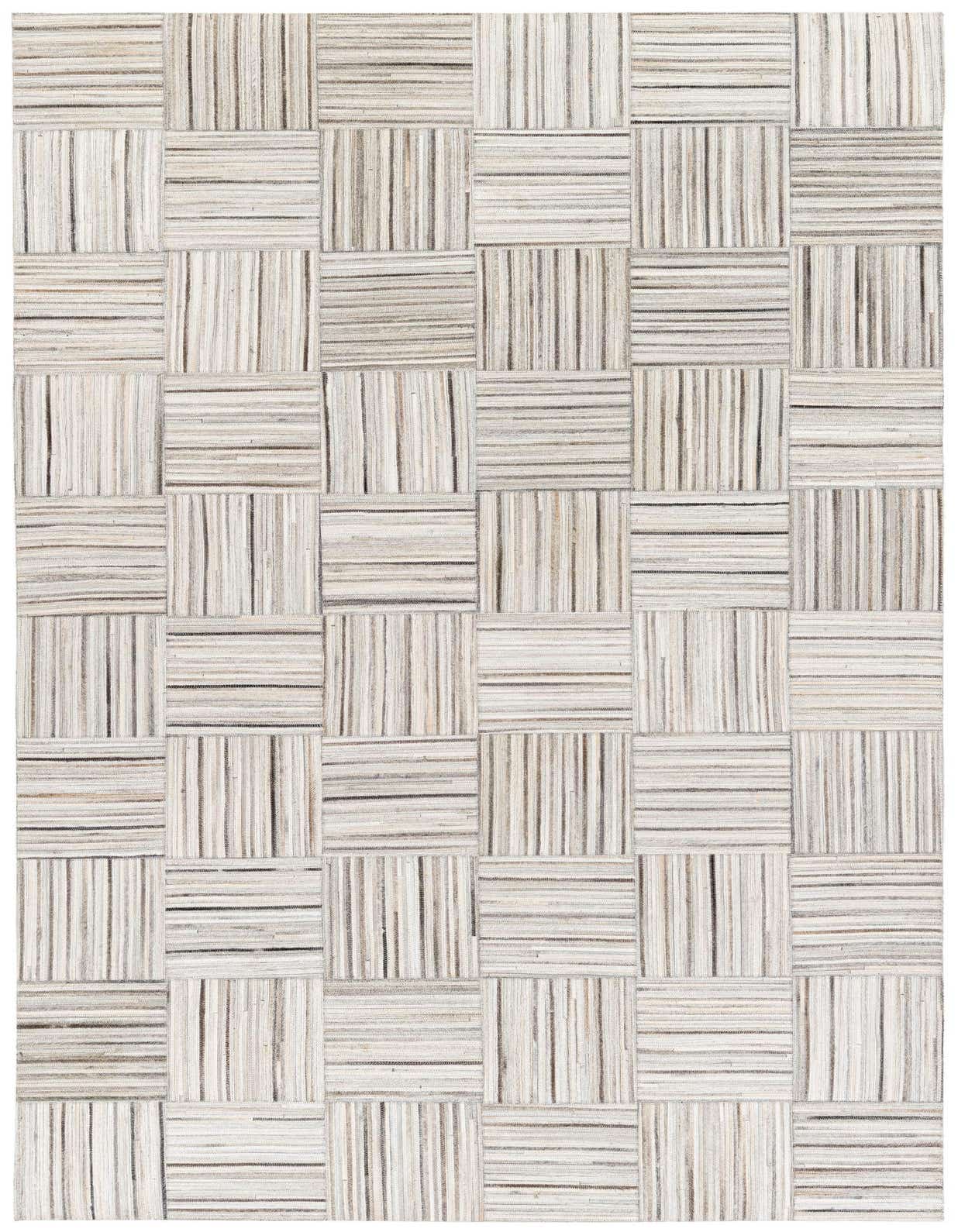 A 5x8 rectangular gray and silver modern cowhide rug with a woven stripe pattern, ideal for a living room.